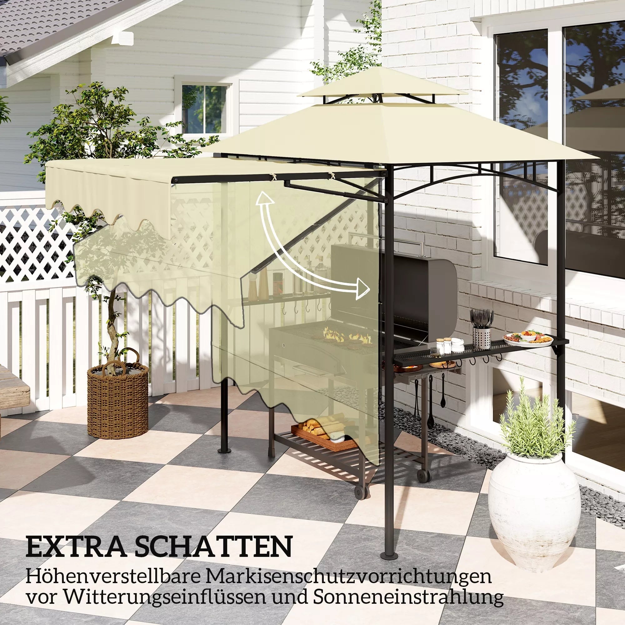 Grillpavillon 242x232x248 cm vandeniui atsparus, ugniai atsparus sodo paviljonas su dvigubu stogu, smėlio spalvos