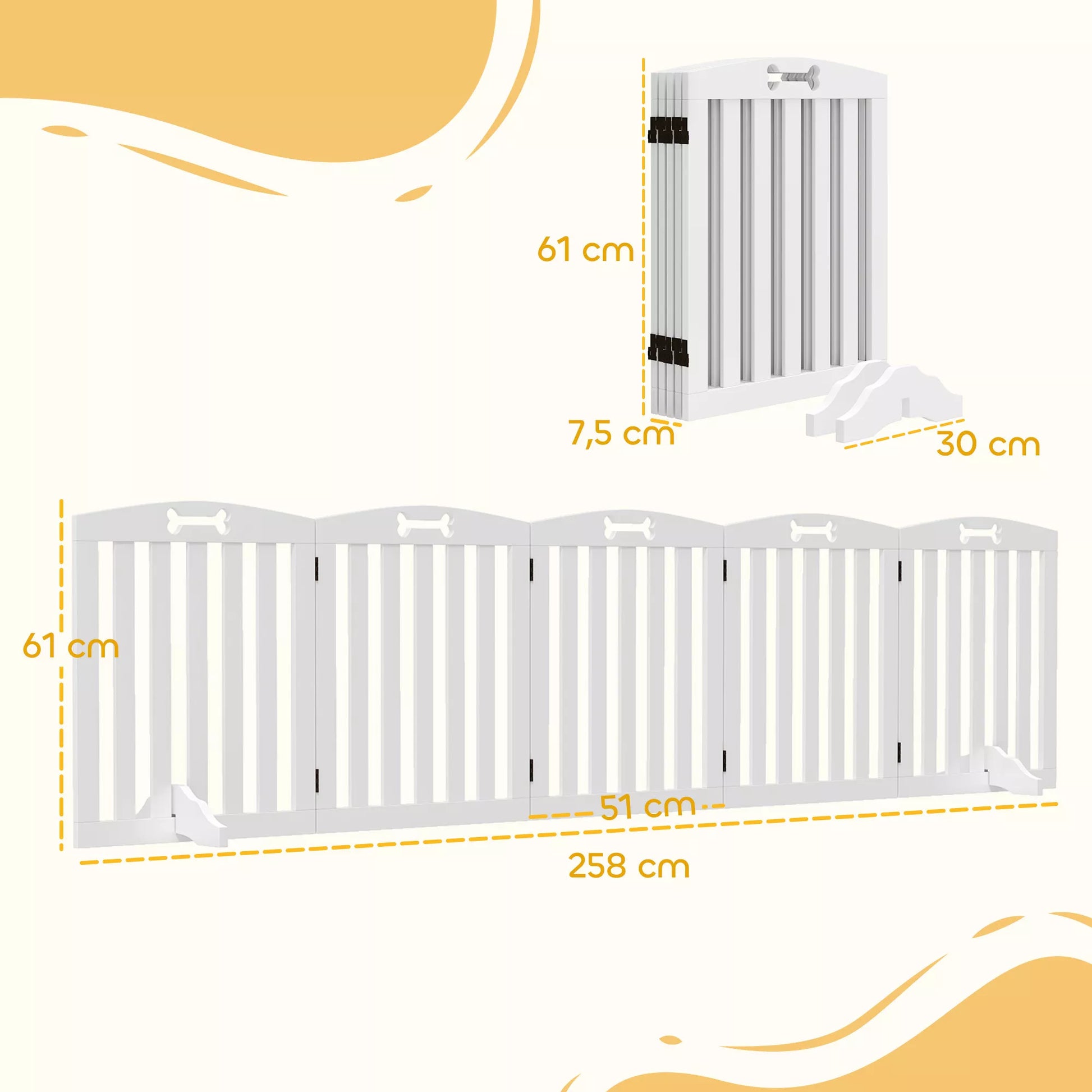 Laisvas stovintis šunų aptvaras su atraminėmis kojomis, skirtas durų angai, koridoriui, laiptams, 258 x 30 x 61 cm, baltas