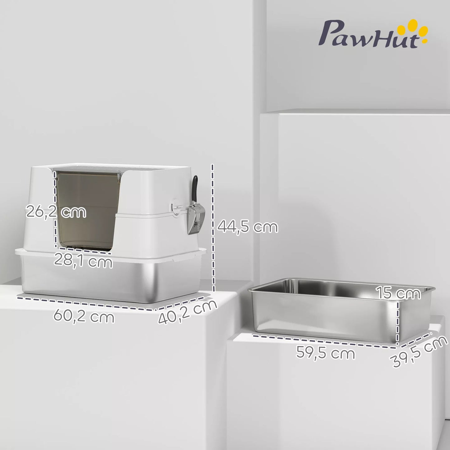 Kačių tualetas, nerūdijančio plieno, XL vidaus erdvė, su kastuvėliu, šviesiai pilkas
