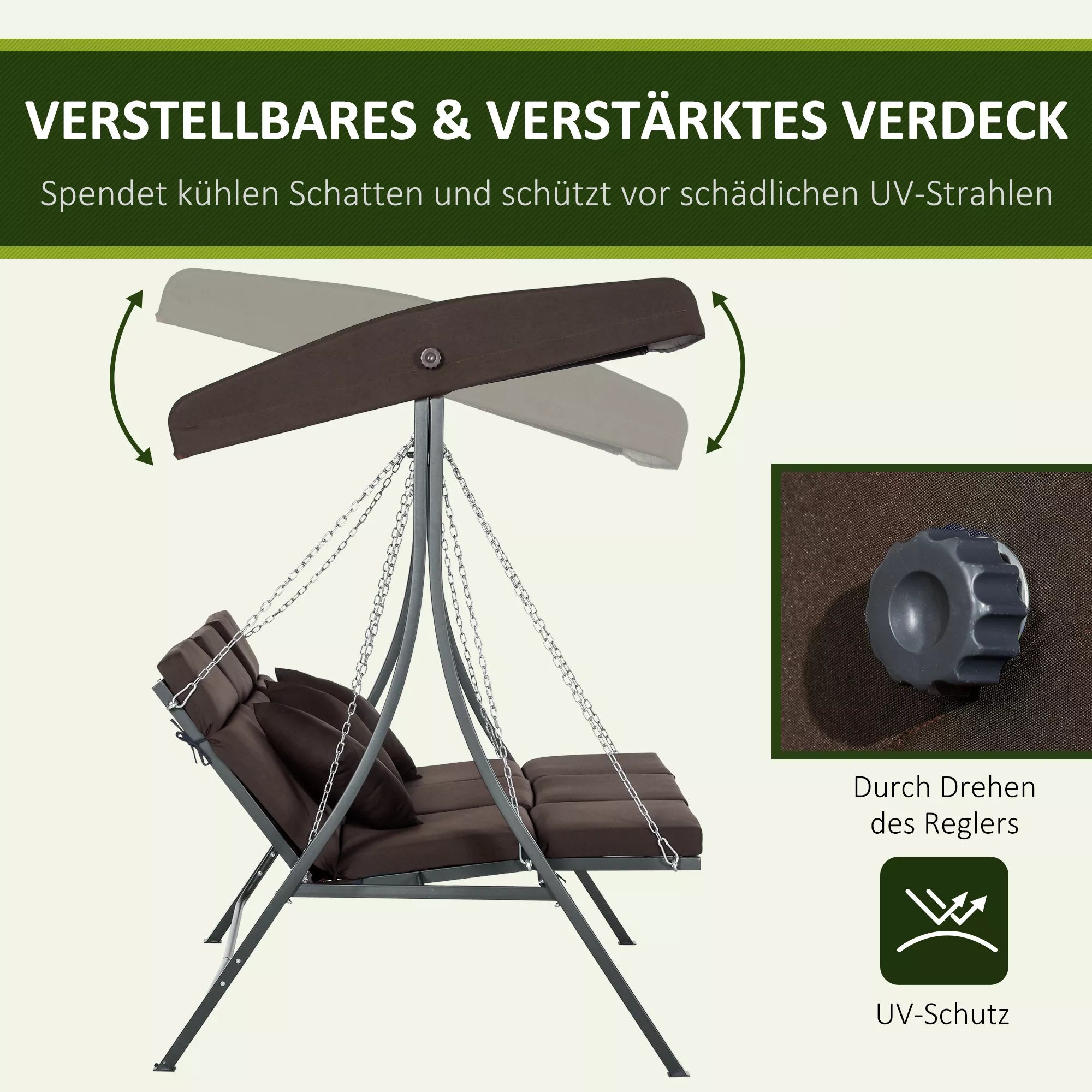 Sodo sūpynės su stogeliu, für 3 Personen, verstellbares Sonnendach, bis 270 kg, braun, 198 x 118 x 168 cm