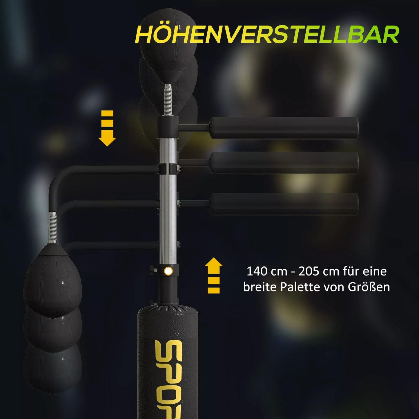 Bokso stendas, du speedball'ai, besisukanti bokso lazda, smūgio pagalvėlės, reguliuojamas aukštis, plienas, 107 x 36 x 140-205 cm, juodas