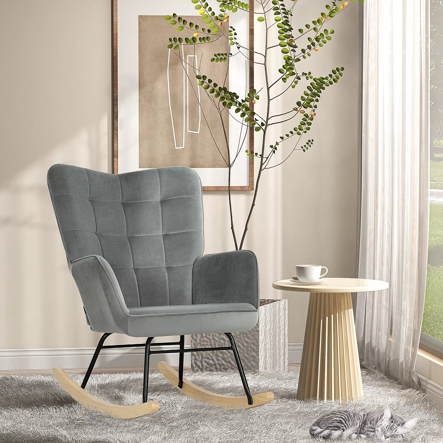 Vintažinė supamoji kėdė, išlenkti bėgeliai, storas paminkštinimas, buko mediena ir plienas, tamsiai pilka