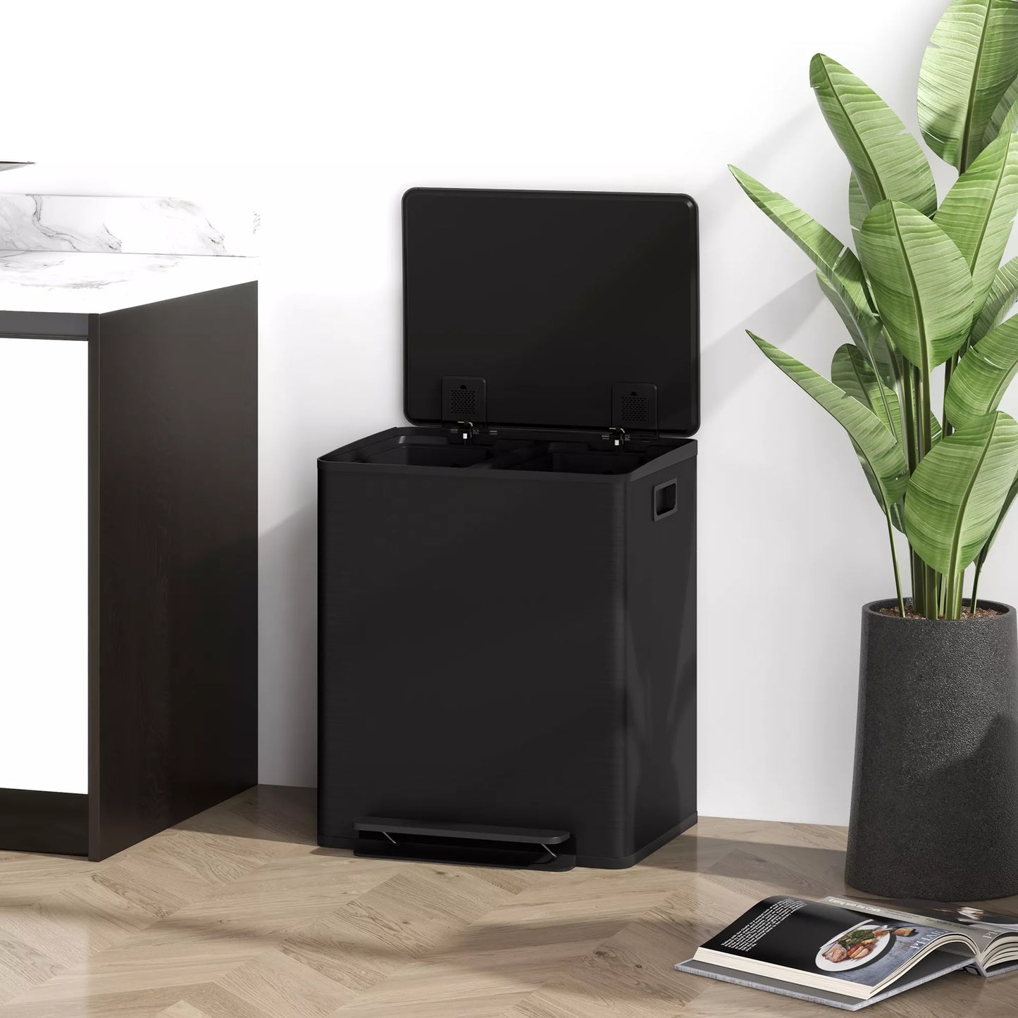 Juoda nerūdijančio plieno šiukšliadėžė su 2x25L skyriais, švelnaus uždarymo dangčiu, atspari pirštų atspaudams