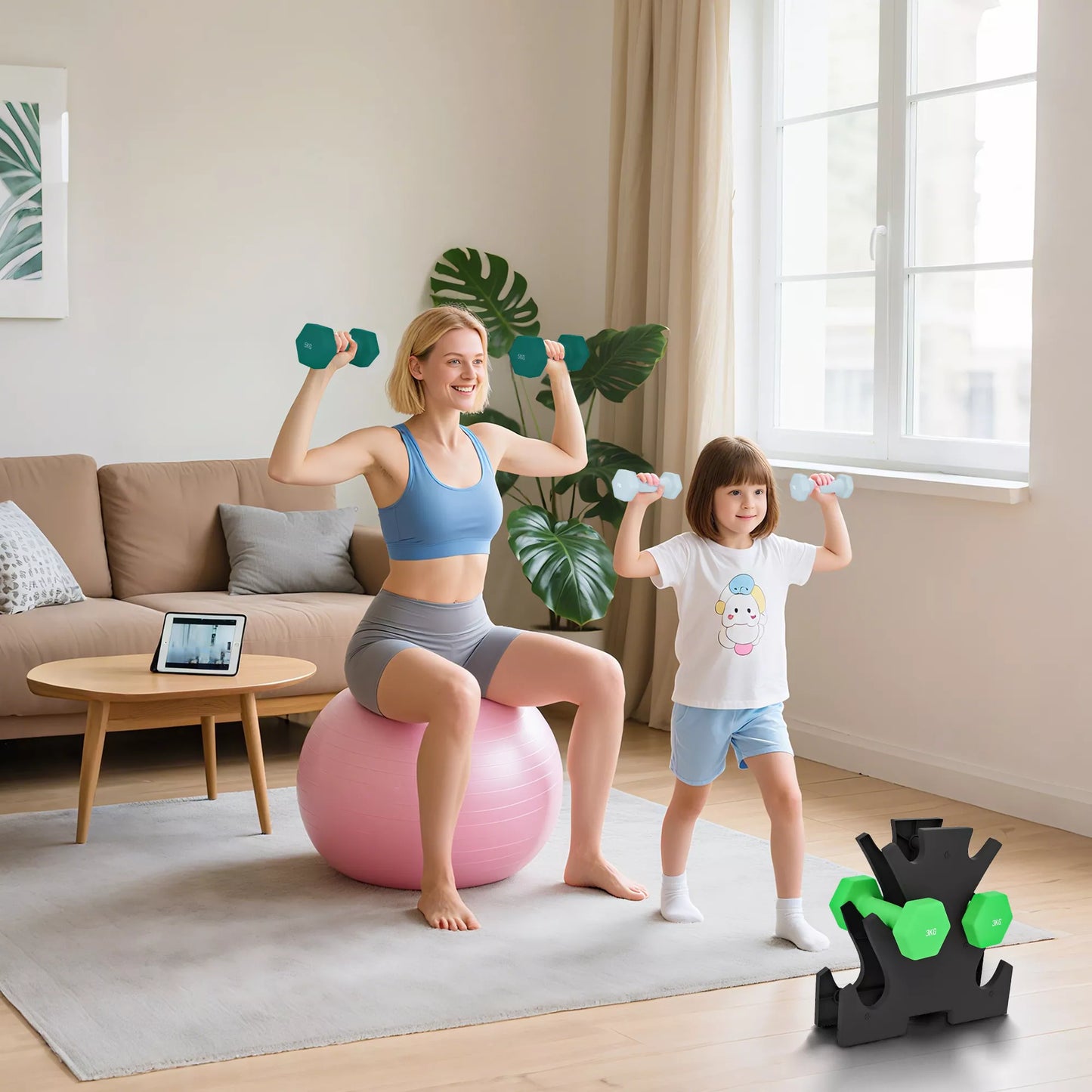 Hantelų rinkinys su laikymo stovu, rinkinys su 6 hanteliais fitneso treniruotėms, 2 x 1 kg, 2 x 3 kg, 2 x 5 kg