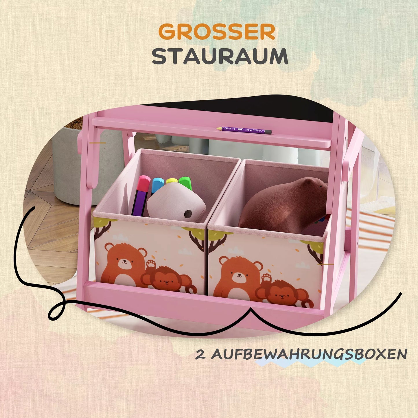 2-in-1 vaikiška dailės lenta su baltąja lenta, kreidine lenta, laikymo dėžėmis, 3-8 metų vaikams, rožinė