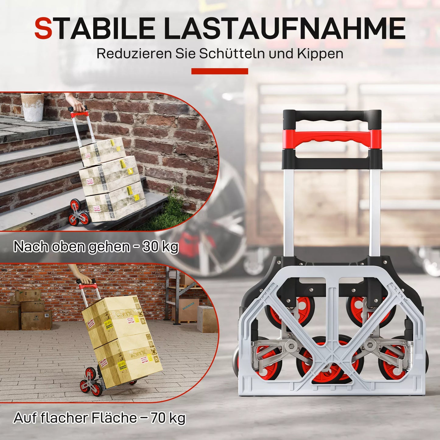 Sulankstomas vežimėlis laiptams, 6 ratų sistema, kelia 70 kg, aliuminio, raudonas