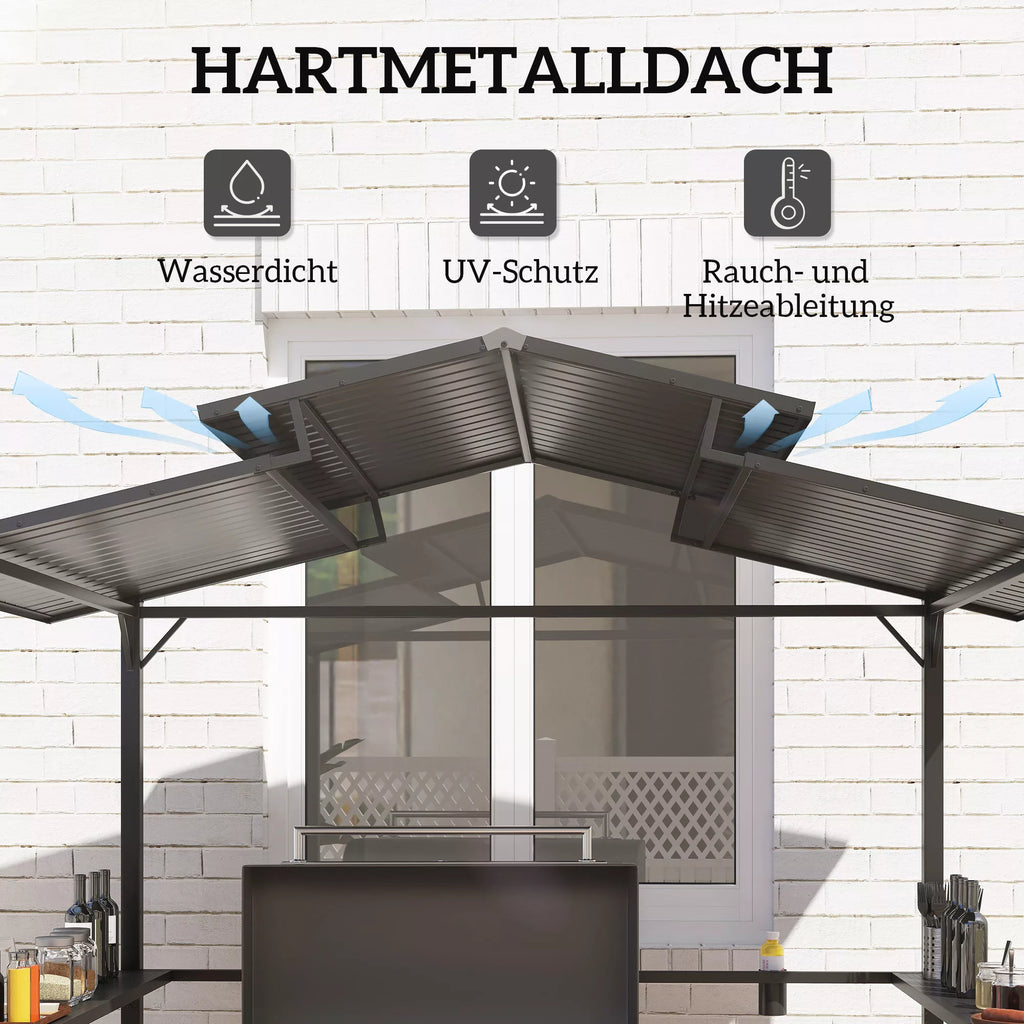 Grillpavillon 250 x 160 x 250 cm vandeniui atsparus sodo paviljonas su dvigubu stogu, šoninėmis lentynomis Juodas