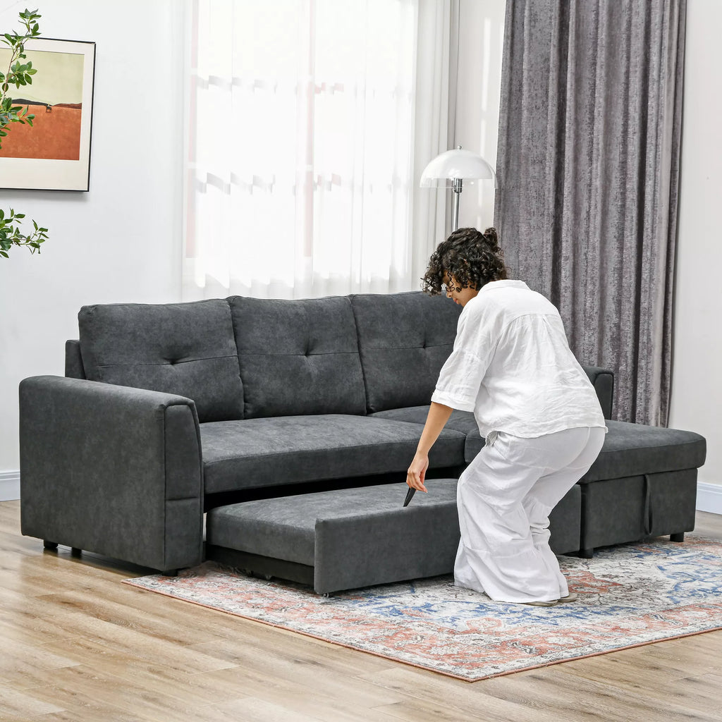 3 vietų sofa su lovos funkcija, miegamoji sofa su šezlongu, minkšta sofa, tamsiai pilka