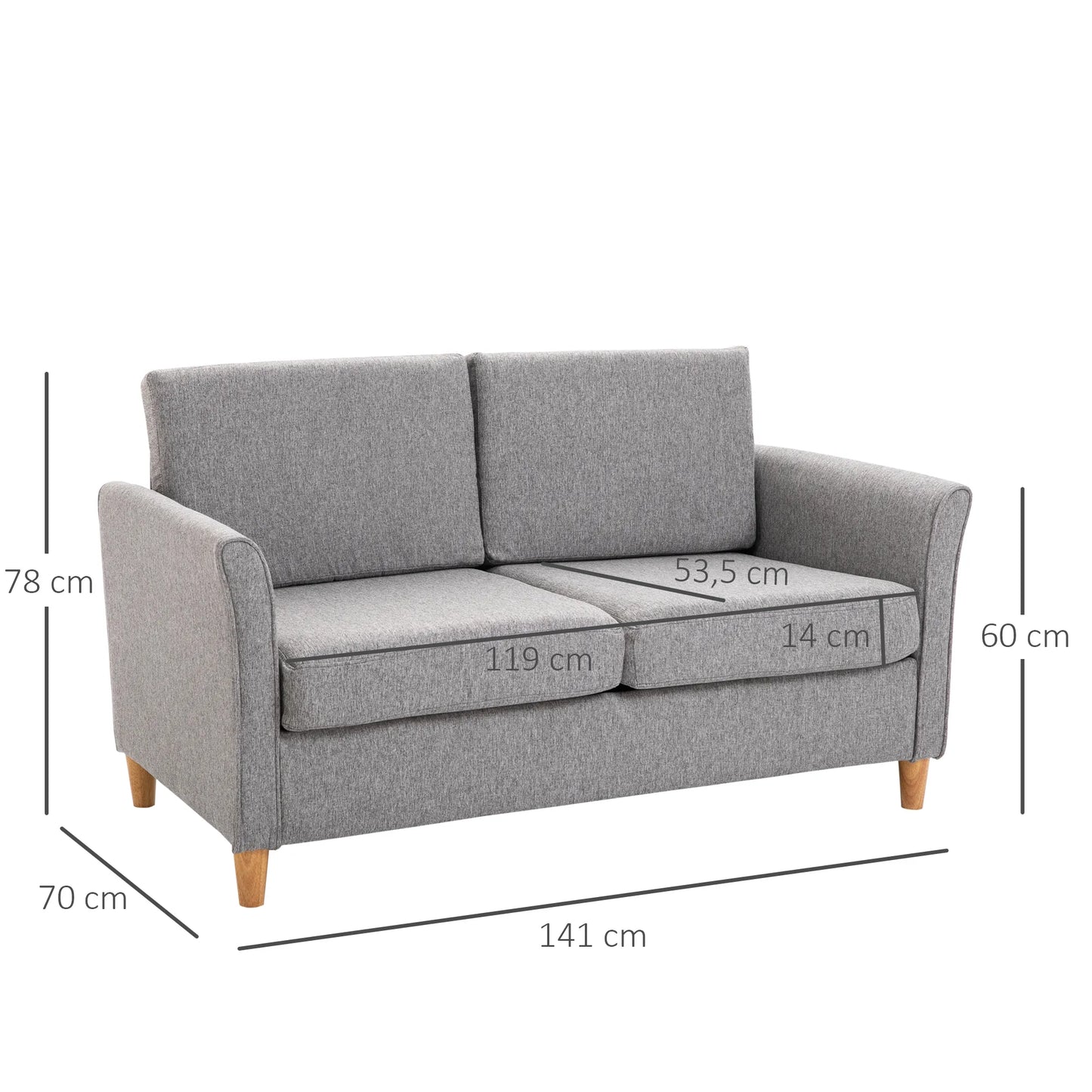 ® Dviejų vietų sofa | Nuimamos pagalvėlės | Linas, putplastis, kaučiuko mediena | Šviesiai pilka | 141 x 70 x 78 cm
