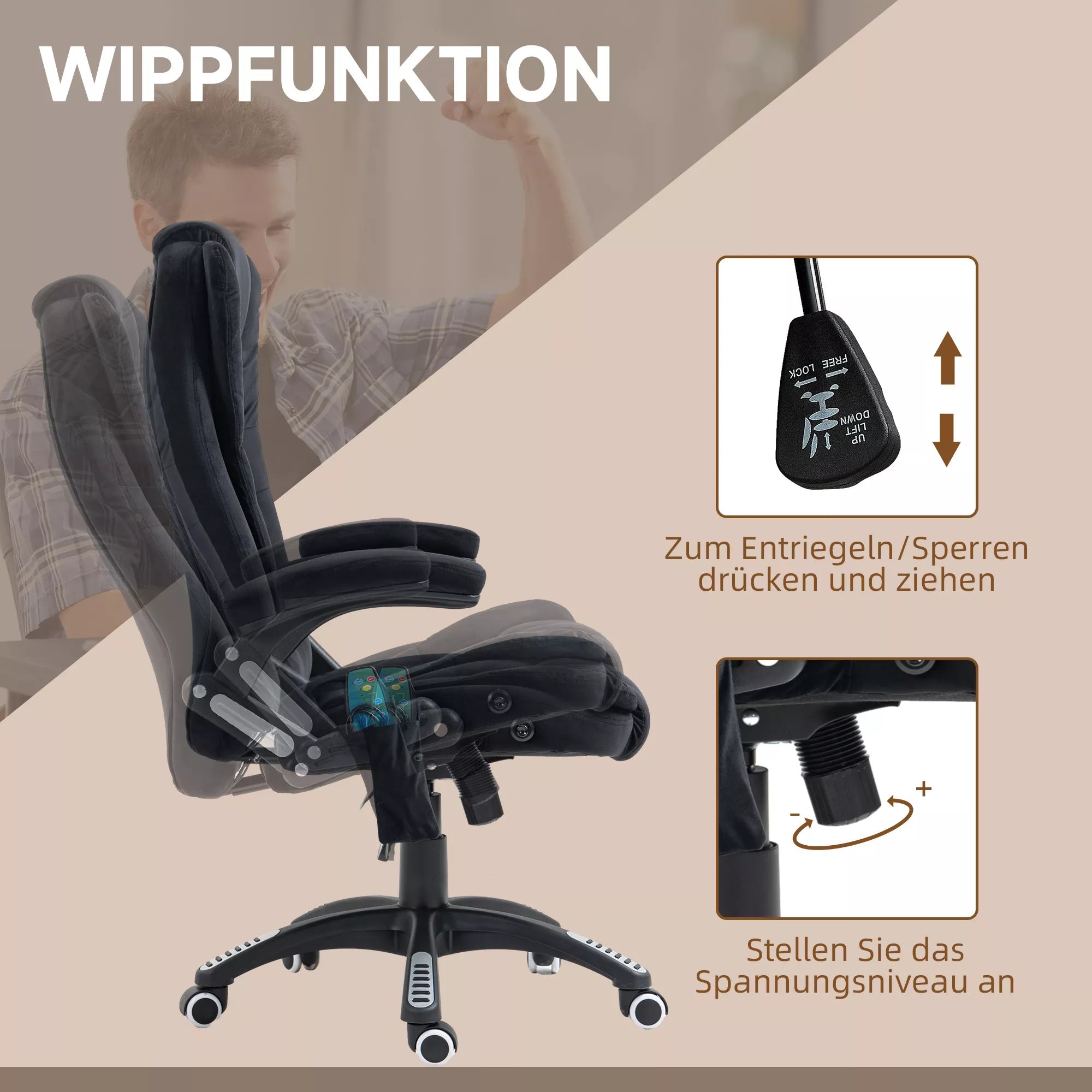 Biuro kėdė su masažo ir šildymo funkcija, ergonomiška, reguliuojamo aukščio, juoda