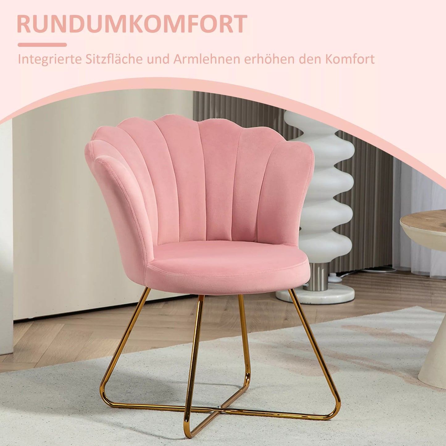 Rožinė akcentinė kėdė su atlošu, lotuso dizaino, metalinėmis kojomis