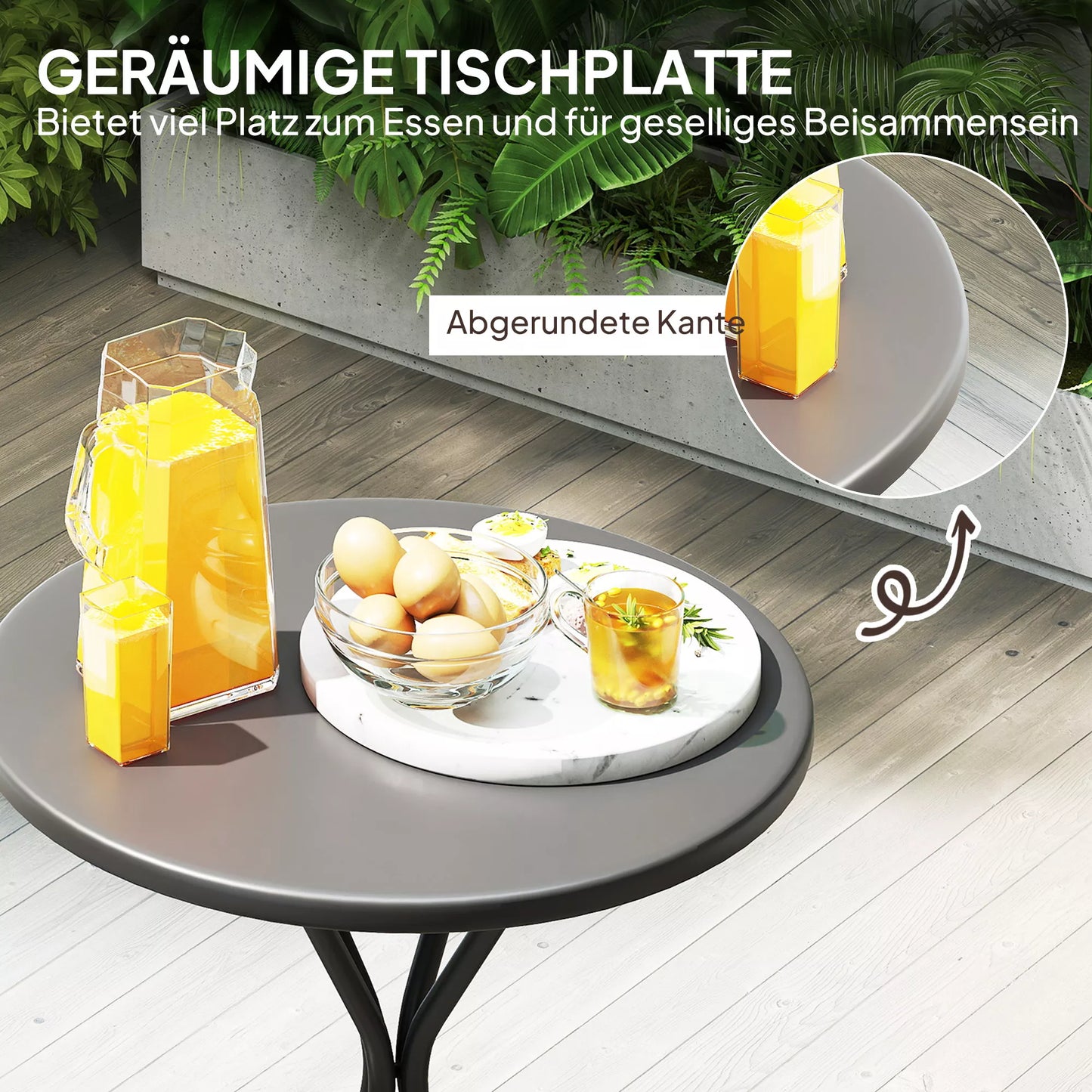 Sodo stalas Ø60 x 70 cm, atsparus oro sąlygoms balkono stalas iš plieno, apvalus valgomojo stalas su kojų apsaugomis, juodas