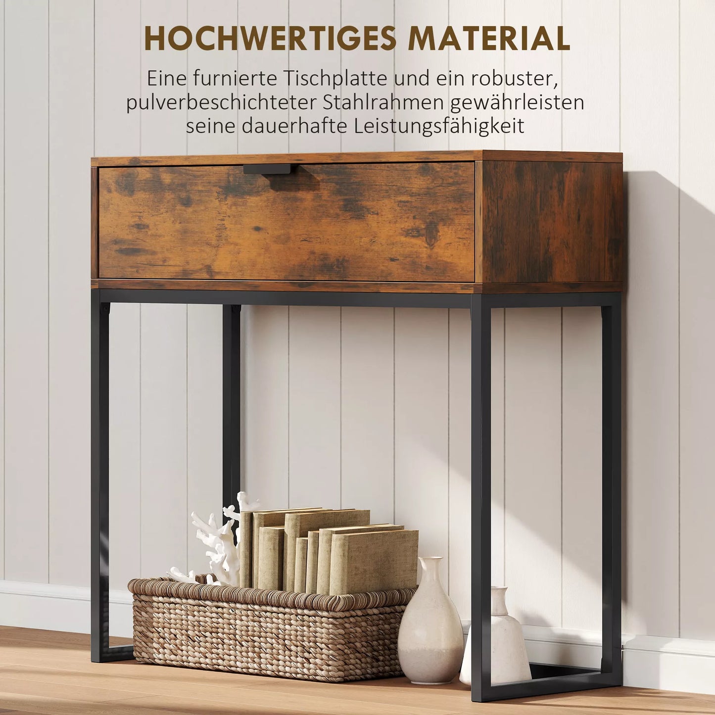 Konsolė, prieškambario stalas su stalčiu, pramoninis dizainas, prieškambario svetainė, 80x30x76 cm, juoda