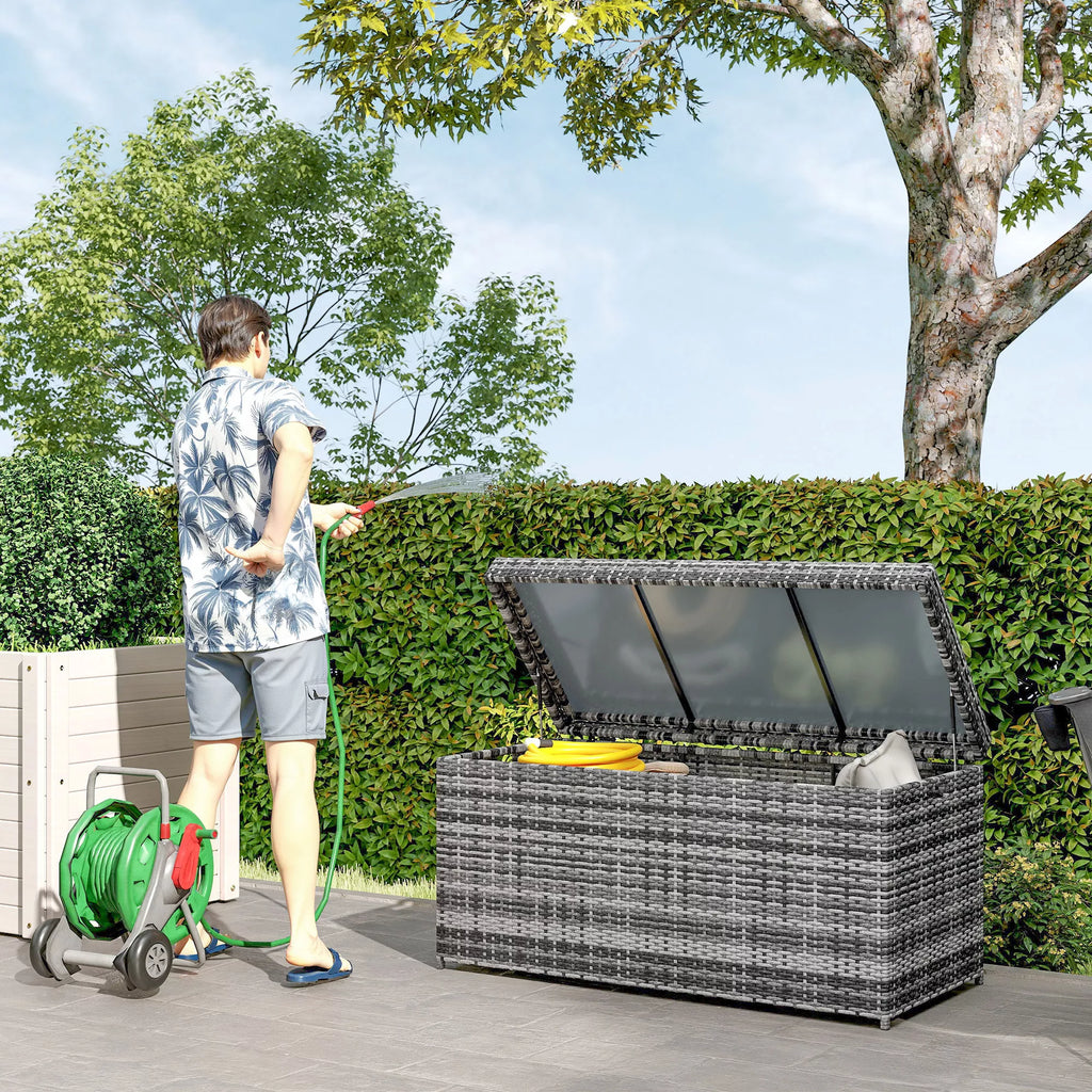 Rattan Auflagenbox 380L atsparus atmosferos poveikiui pagalvės dėžė su dangčiu Sandėliavimo erdvė Atsparus UV spinduliams 130 x 61 x 65 cm Tamsiai pilka