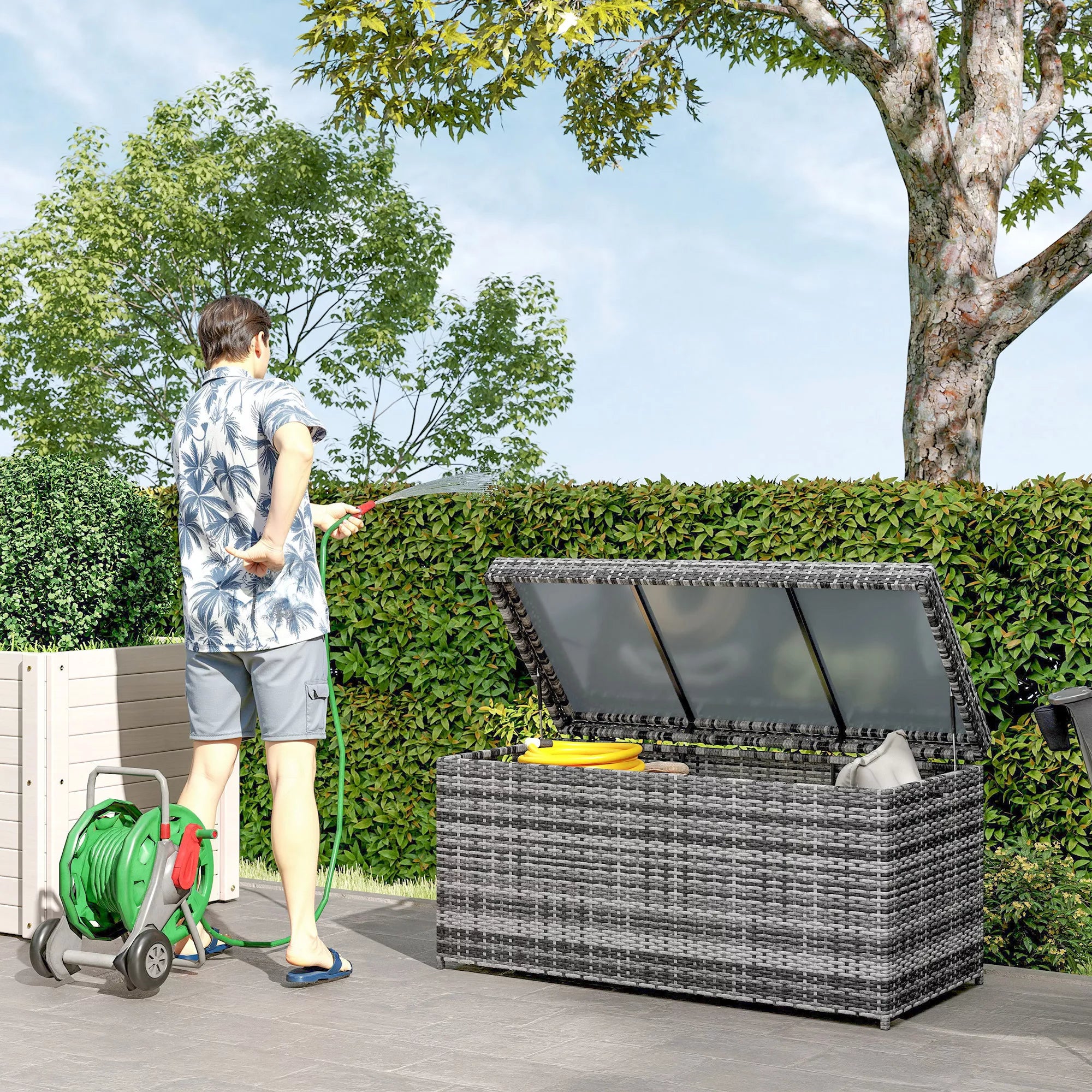 Rattan Auflagenbox 380L atsparus atmosferos poveikiui pagalvės dėžė su dangčiu Sandėliavimo erdvė Atsparus UV spinduliams 130 x 61 x 65 cm Tamsiai pilka