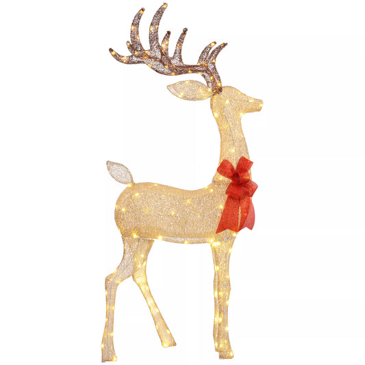 Elnias su raudonu kaspinėliu, 137 LED lemputės, kalėdinė puošmena, atspari oro sąlygoms, 66 x 25 x 135 cm, auksinė