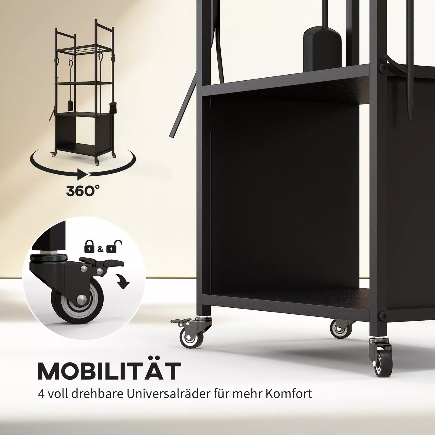 4 pakopų malkų laikiklis su ratukais ir 4 įrankiais, metalinis malkų laikiklis vidaus ir lauko reikmėms, juodas