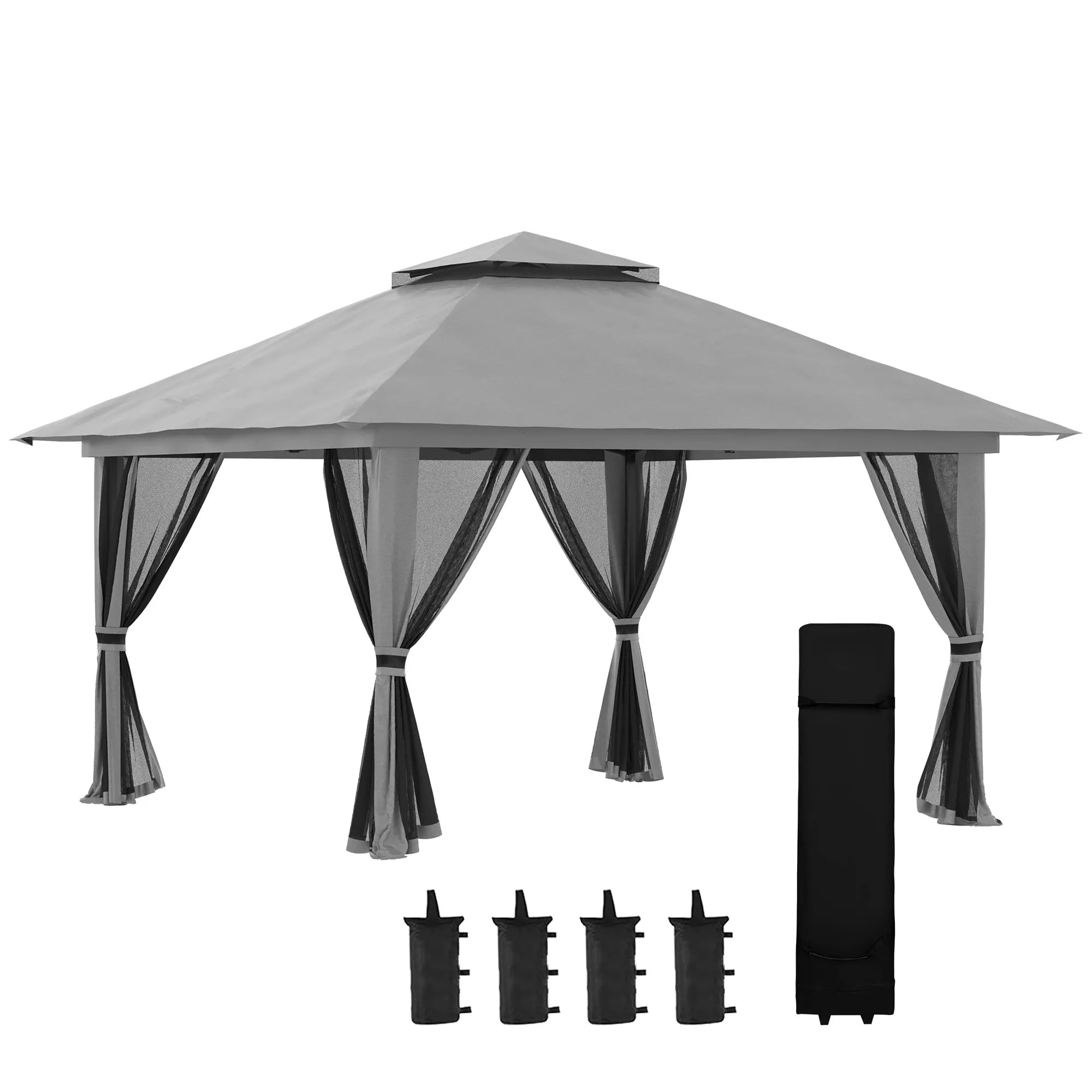 Sulankstomas paviljonas, reguliuojamo aukščio, 4 tinklinės sienos, ventiliacinis stogas, nešimo krepšys, greitas surinkimas, tamsiai pilkos spalvos, 4 x 4 x 3 m