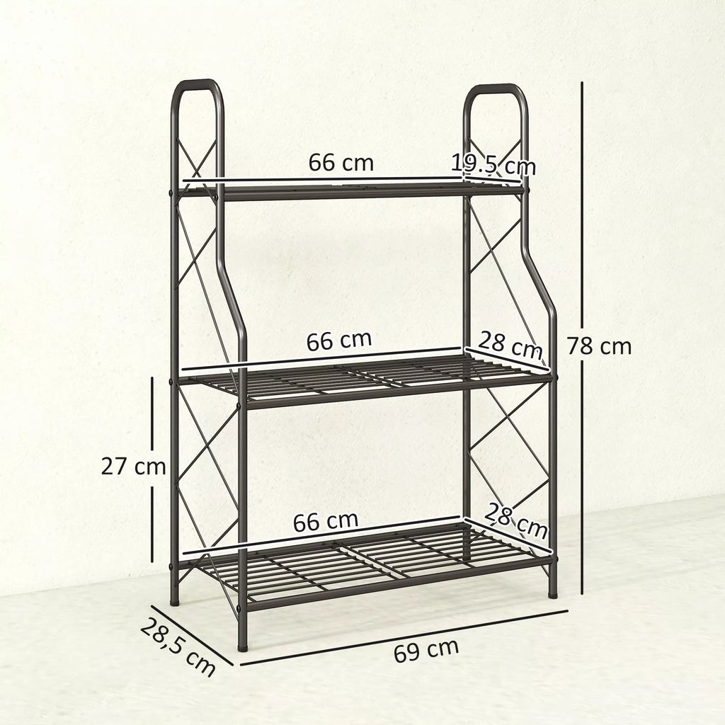 Augalų stovas, 3 aukštų gėlių stovas su rankenomis ir metalinėmis lentynomis, plienas, 78 cm aukščio, juoda