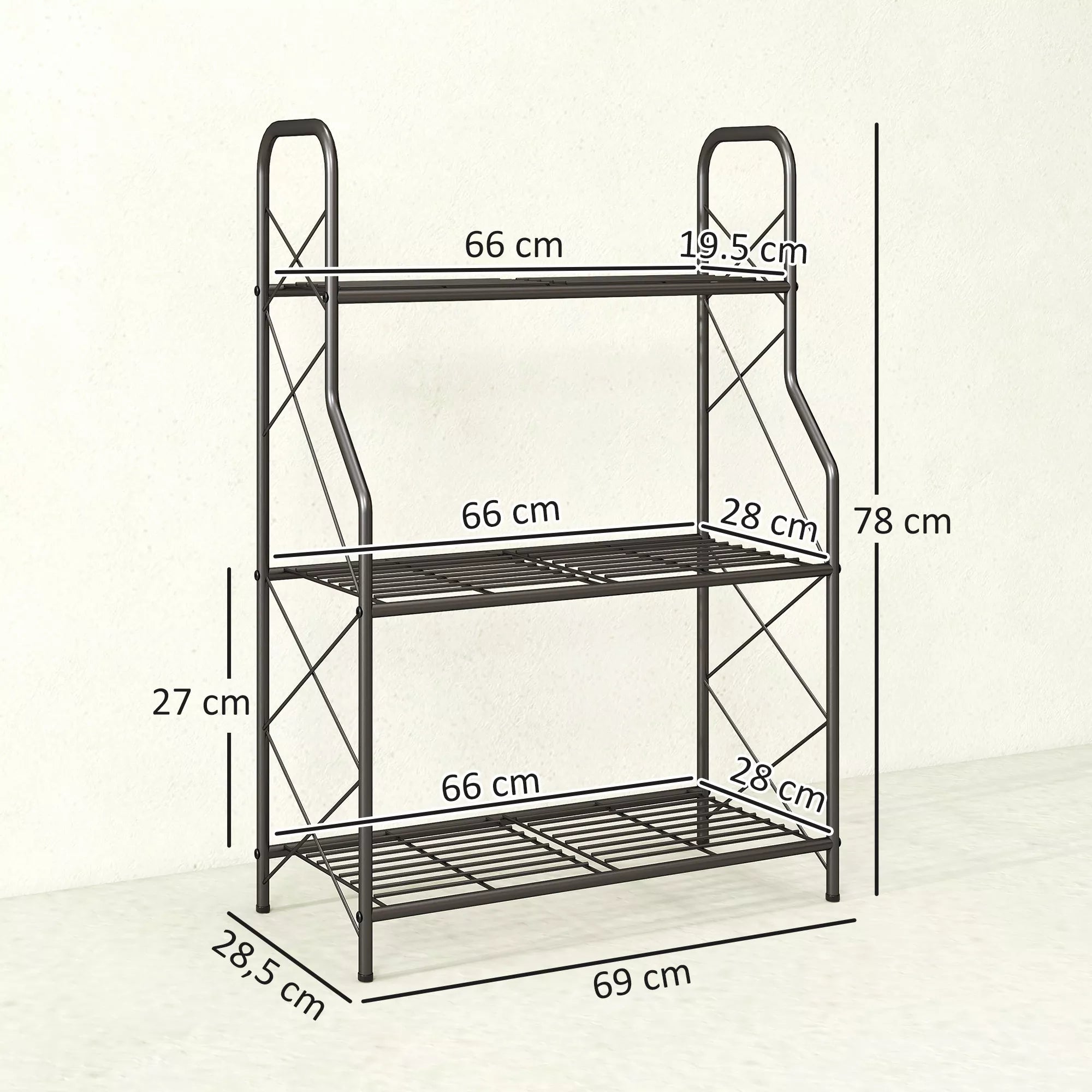 Augalų stovas, 3 aukštų gėlių stovas su rankenomis ir metalinėmis lentynomis, plienas, 78 cm aukščio, juoda