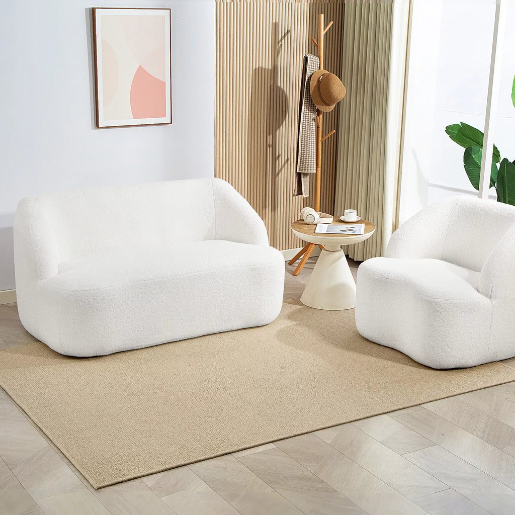Dvivietė sofa, išlenkta forma, minkšta sofa su fliso apmušalu, skirta svetainei, miegamajam, namų biurui, kreminės baltos spalvos