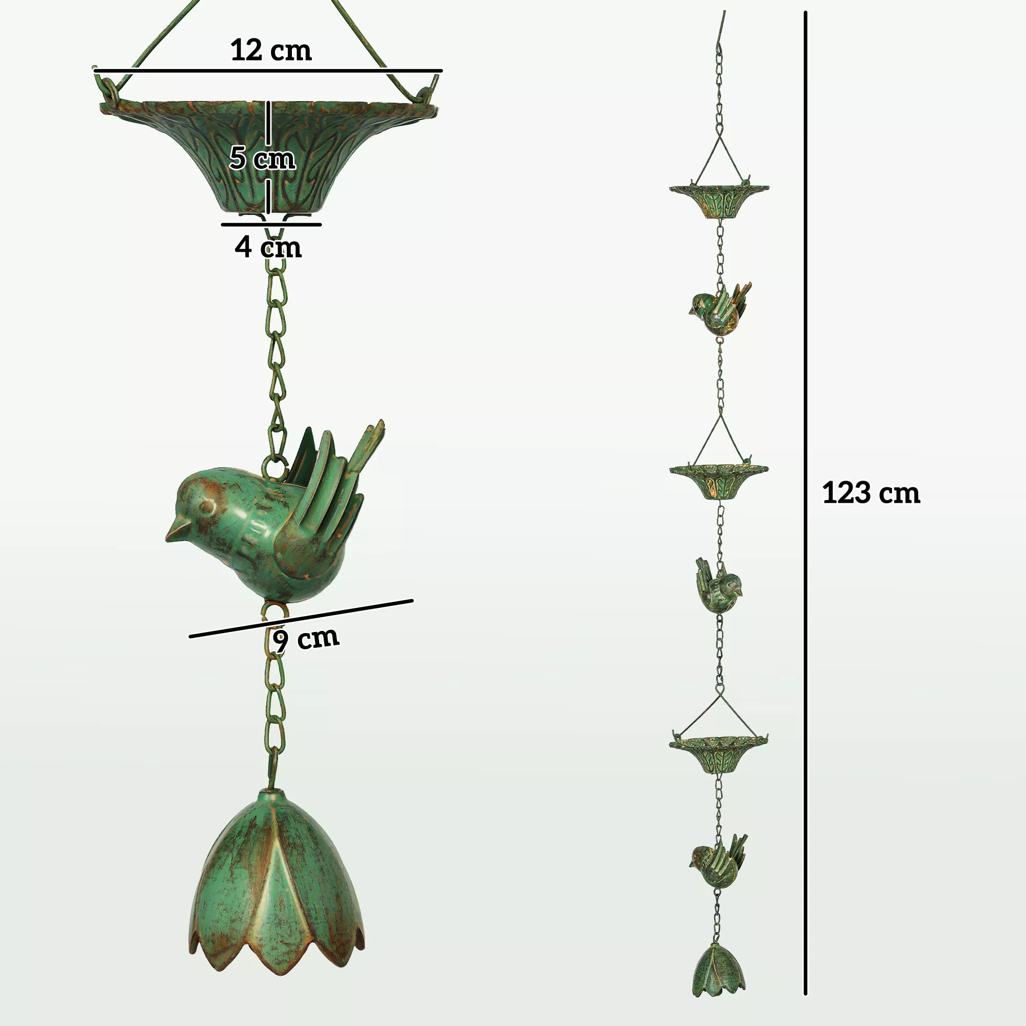 3 vnt. lietaus grandinės 123 cm metalinės lietaus grandinės su pritvirtintu kabliuku Paukščiai Bell Žalia