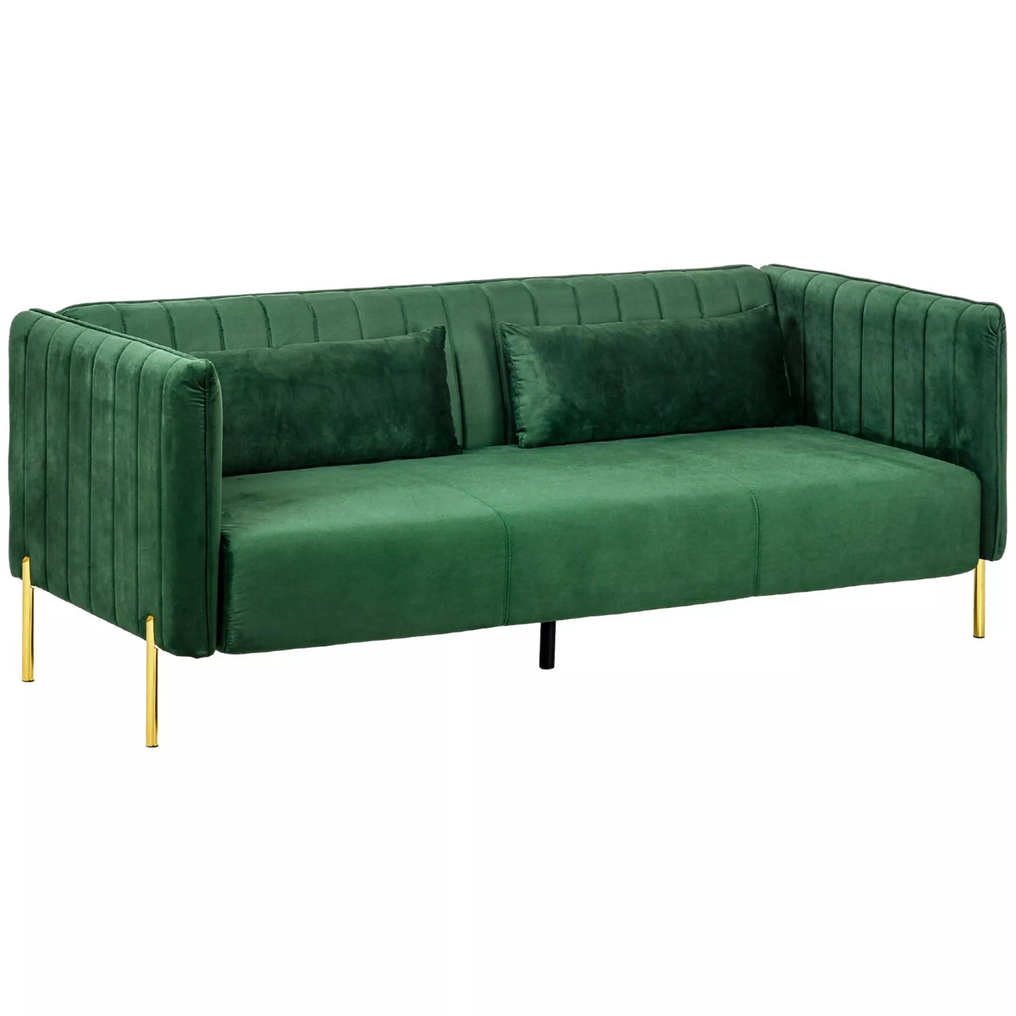 Trivietė sofa-lova, 2 pagalvėlės, aksominė išvaizda, retro dizainas, nuimamas užvalkalas, 195 cm x 88 cm x 76 cm, žalia