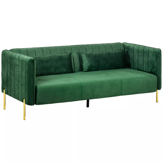 Trivietė sofa-lova, 2 pagalvėlės, aksominė išvaizda, retro dizainas, nuimamas užvalkalas, 195 cm x 88 cm x 76 cm, žalia
