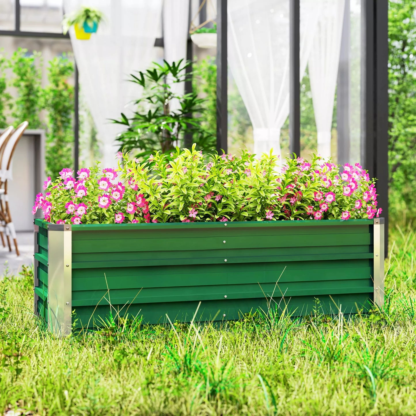 Žalias metalinis pakeltas lysvas, 2 atskiri auginimo plotai, atviras dugnas, lengvas surinkimas, 125 x 47 x 40cm