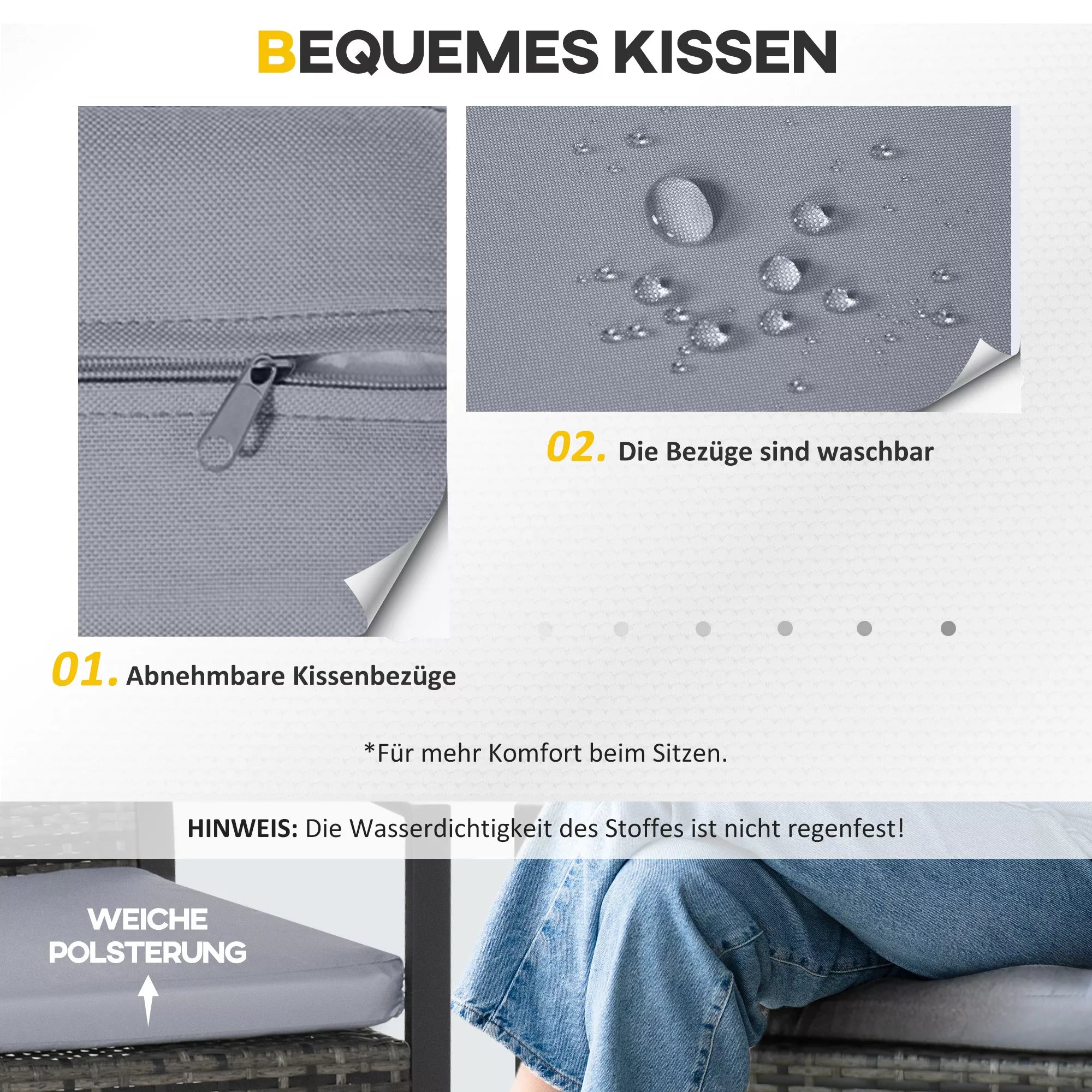 Infografika su pilko sodo komplekto pagalvėlėmis: nuimami užvalkalai, minkštas paminkštinimas