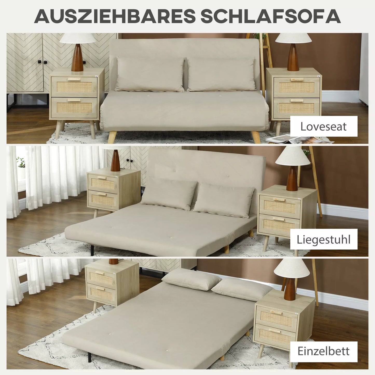 Miegamoji sofa, poilsio sofa, sofa-lova, su 2 pagalvėlėmis, aksomo išvaizda, 130 x 78 x 79 cm, smėlio spalvos