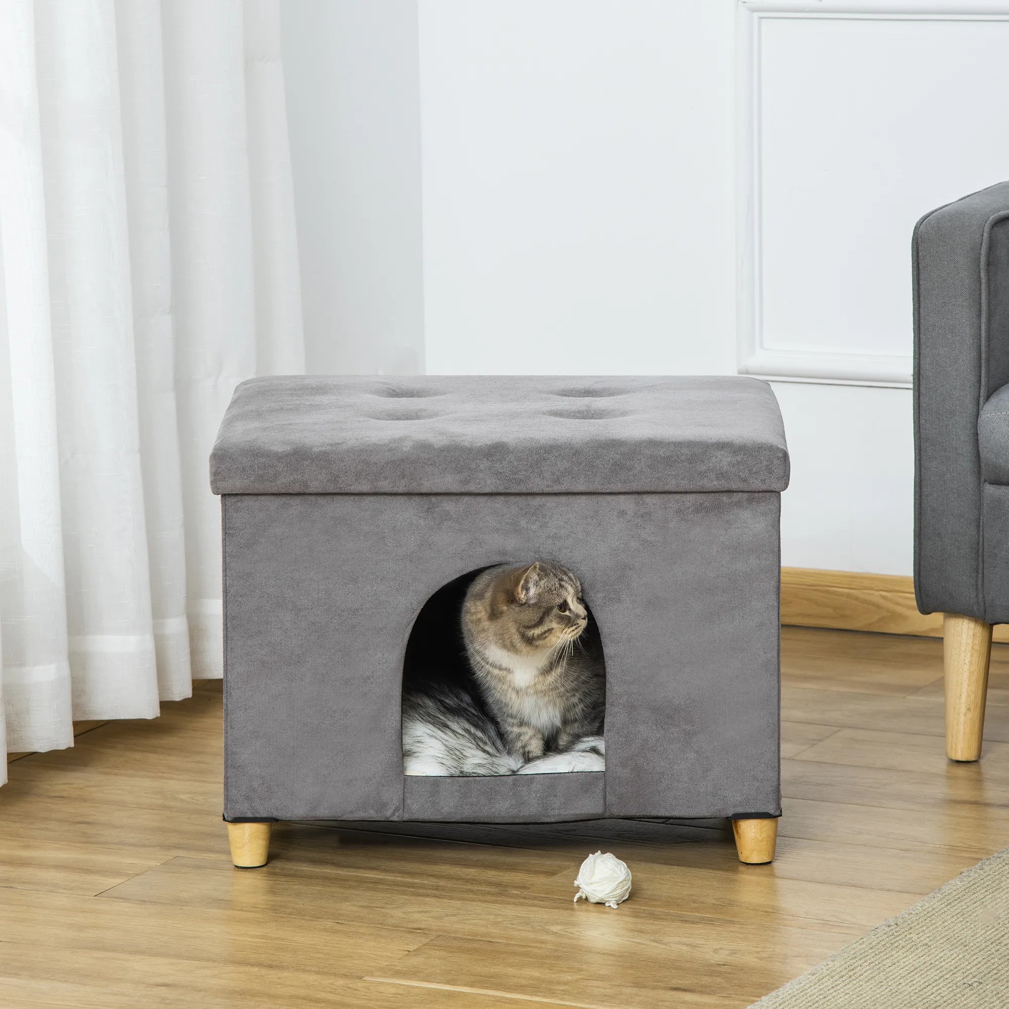 2-IN-1 kačių guolis - pufas su pagalvėle, medinės kojos, katės namelis, katės krepšys, minkštai paminkštintas, elegantiško dizaino, nuimamas, MDF, pliušas, pilkas, 60 x 45 x 44,5 cm