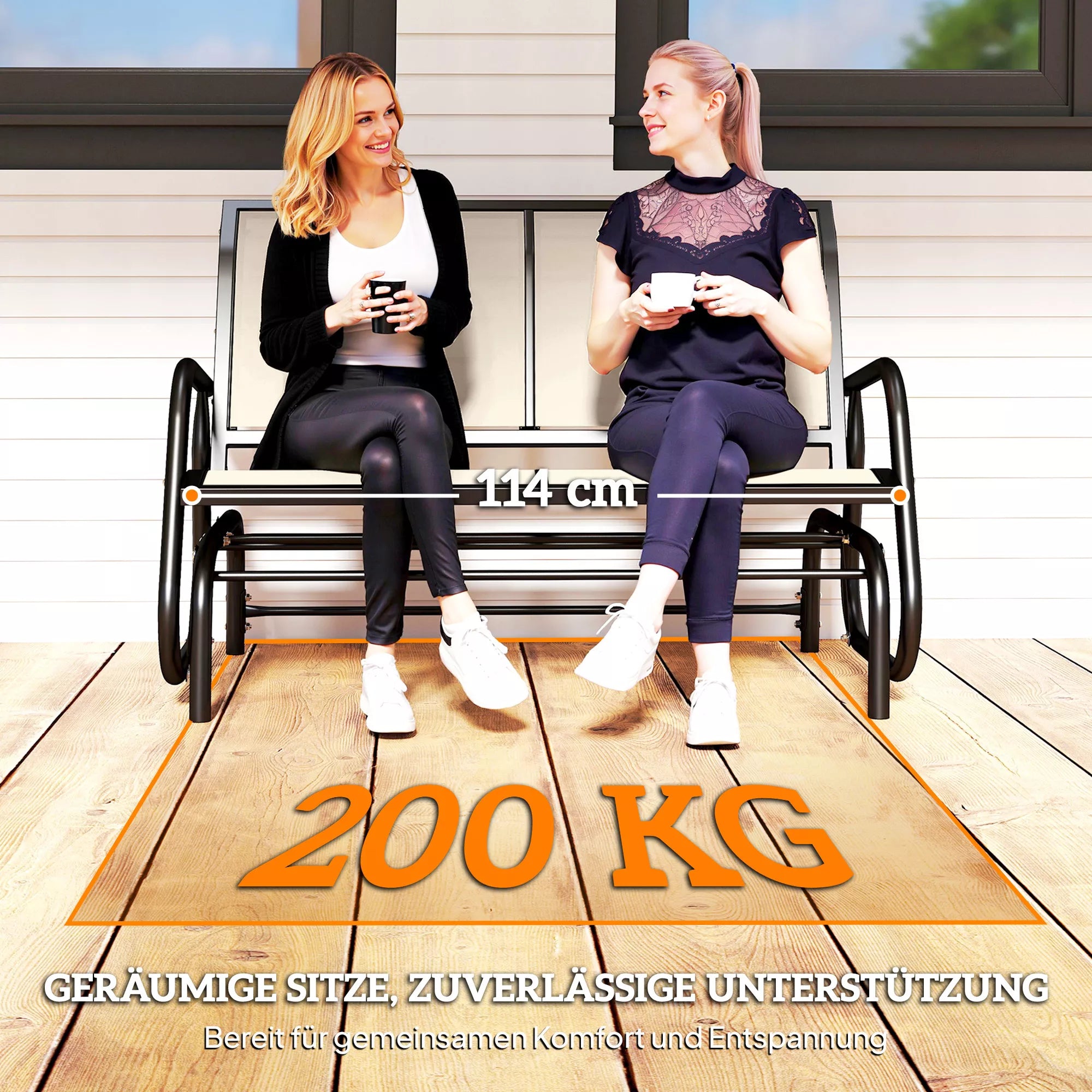 2 vietų supamasis krėslas Sodo suolas su supimosi mechanizmu Sodo supynės Metalinis suolas Parko suolas, atlaikantis iki 200 kg svorį Sodo baldai sodui, terasai, 120 x 70 x 85 cm Juoda+smėlio spalva