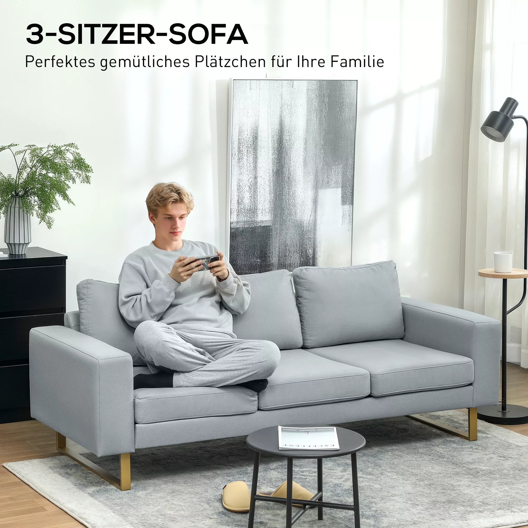 3 vietų sofa, su medinio masyvo rėmu, metalinėmis kojomis, paprastas dizainas, šviesiai pilka