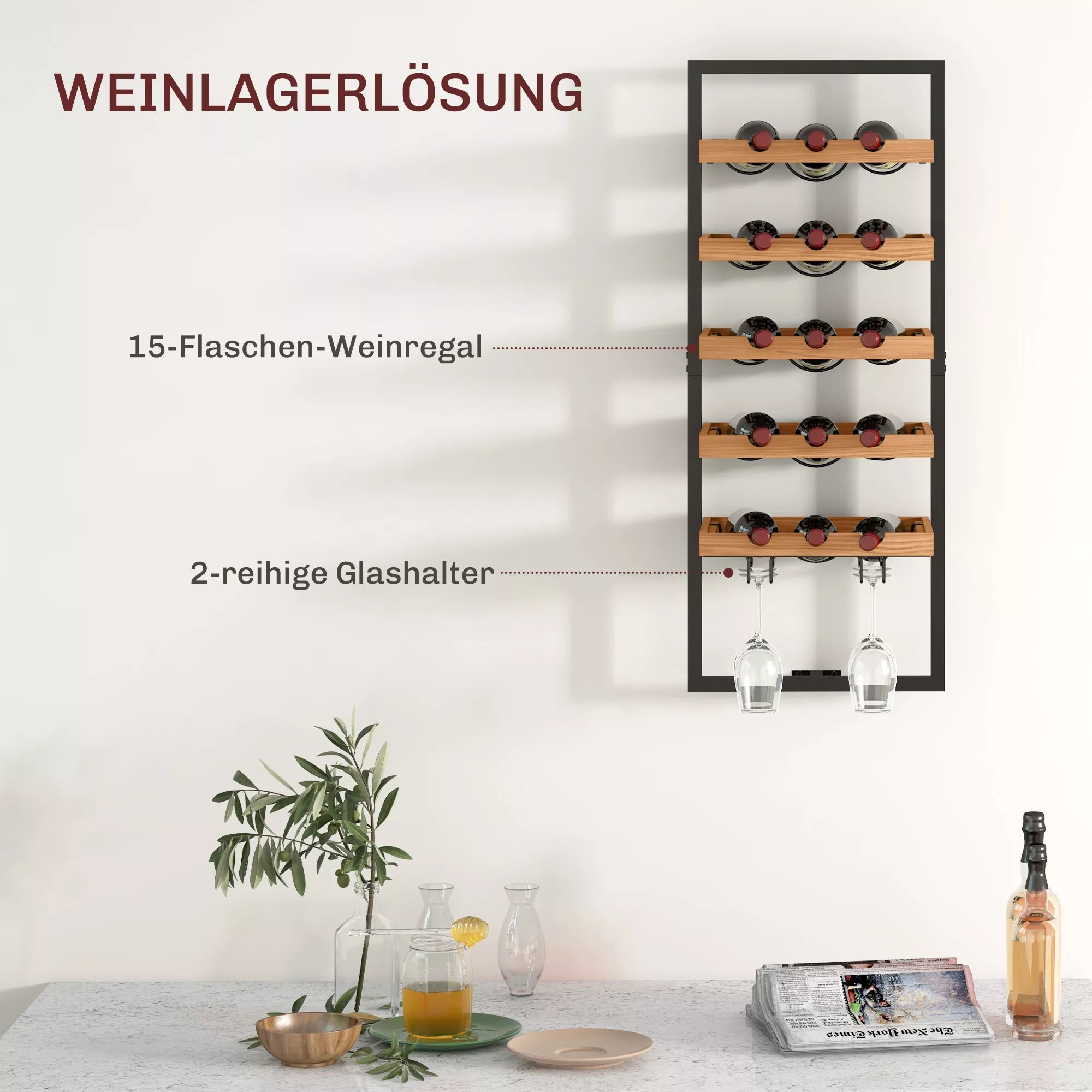 Sieninis vyno stovas, 5 lygiai, butelių laikiklis, stiklinių laikiklis, pušies mediena, plienas, namų barui, virtuvei, svetainei, rudos spalvos