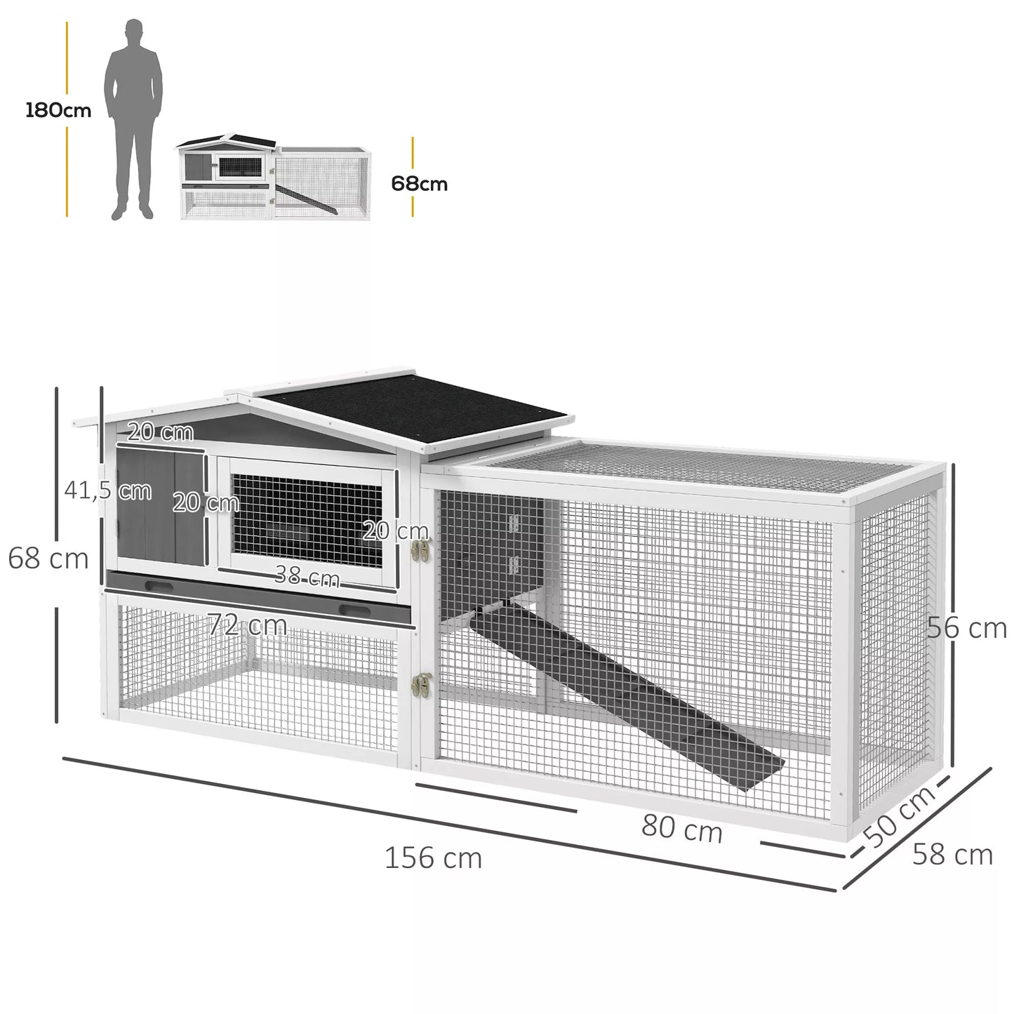 Triušių būda iš eglės medienos, namelis smulkiems gyvūnams su asflatiniu stogu, aptvaras smulkiems gyvūnams, 156 x 58 x 68 cm, šviesiai pilkas
