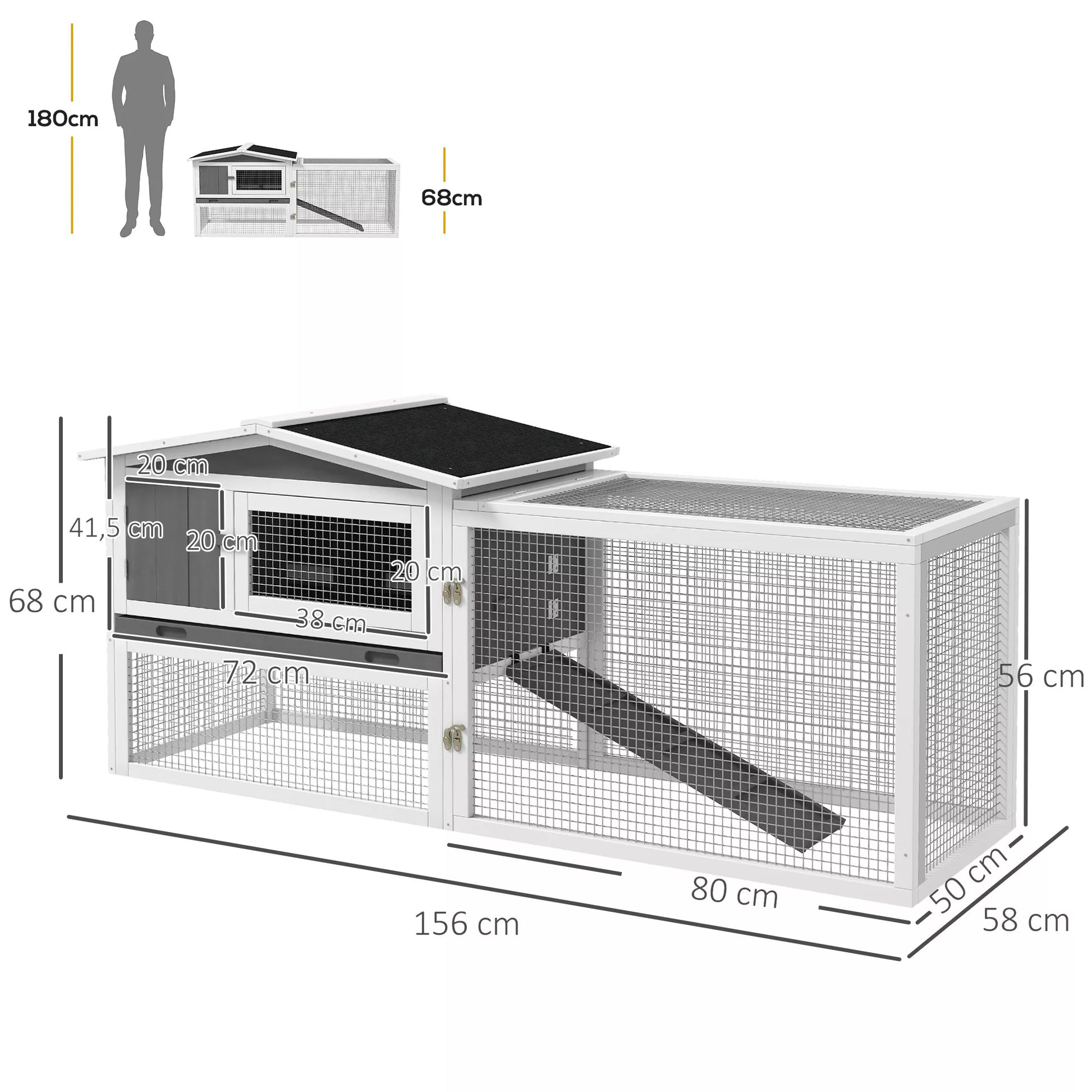 Triušių būda iš eglės medienos, namelis smulkiems gyvūnams su asflatiniu stogu, aptvaras smulkiems gyvūnams, 156 x 58 x 68 cm, šviesiai pilkas