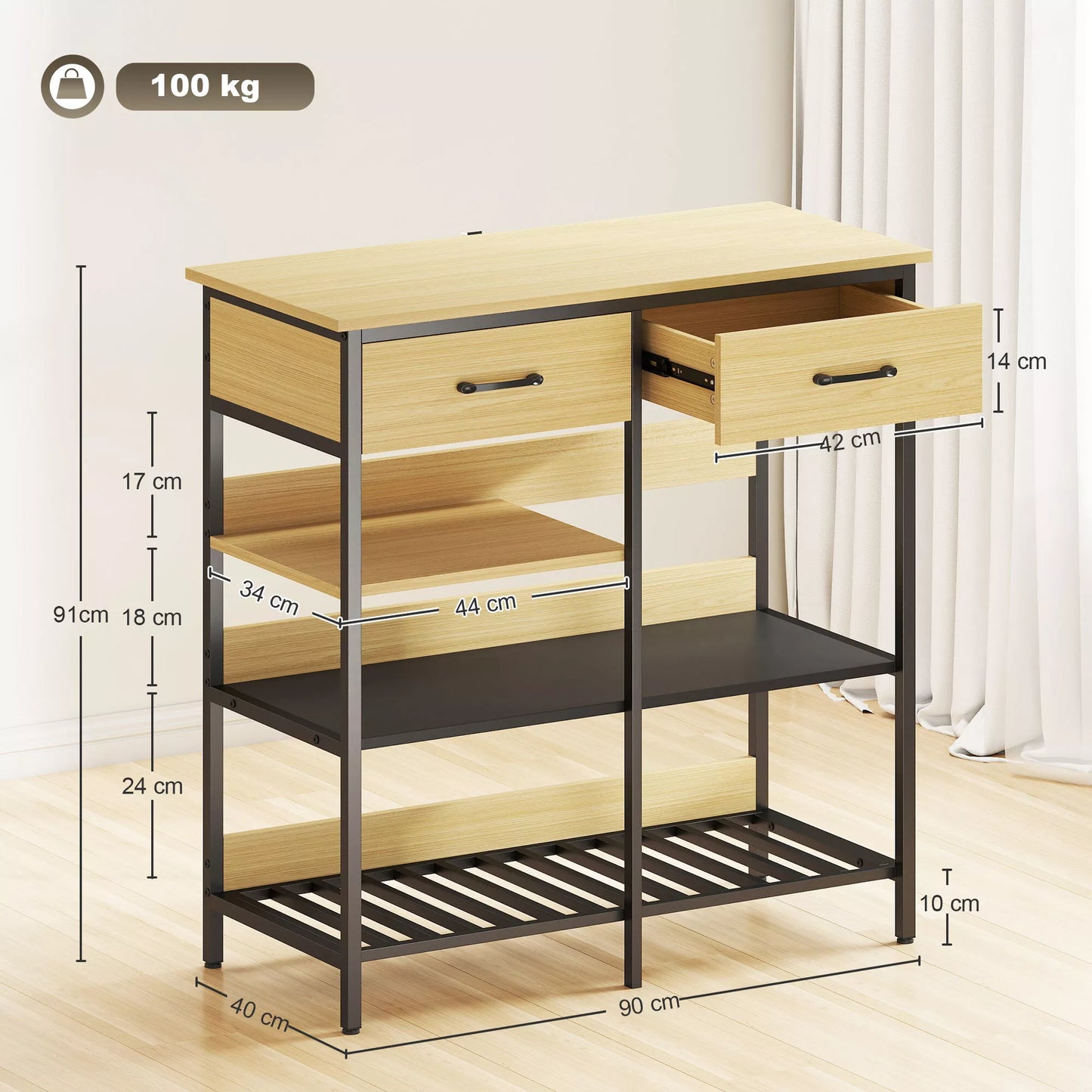 Bufetas, komoda su 2 stalčiais, 3 atviromis lentynomis Virtuvės spintelė virtuvėms, svetainėms 90 x 40 x 91 cm, natūralus medis