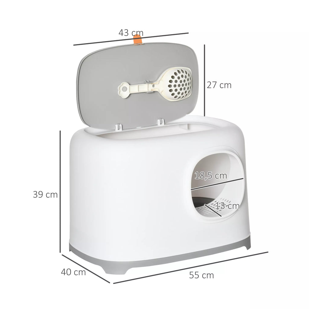 Katės tualetas su dangčiu Katės tualetas su gaubtu Kastuvėlis Grotelės XXL Katės tualetas katėms iki 5 kg 55 x 40 x 39 cm Balta