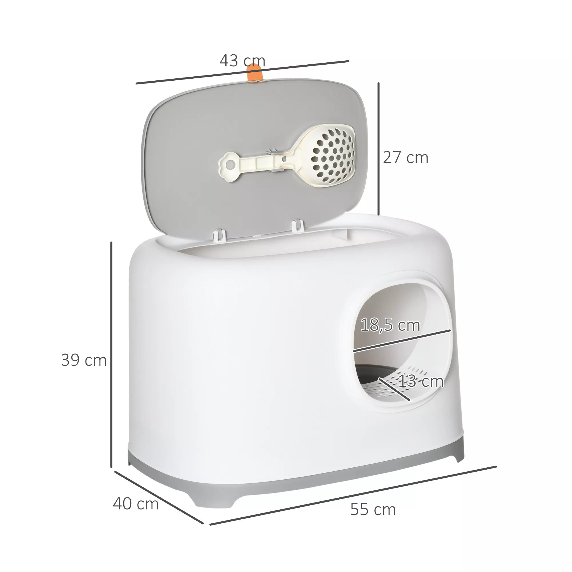Katės tualetas su dangčiu Katės tualetas su gaubtu Kastuvėlis Grotelės XXL Katės tualetas katėms iki 5 kg 55 x 40 x 39 cm Balta