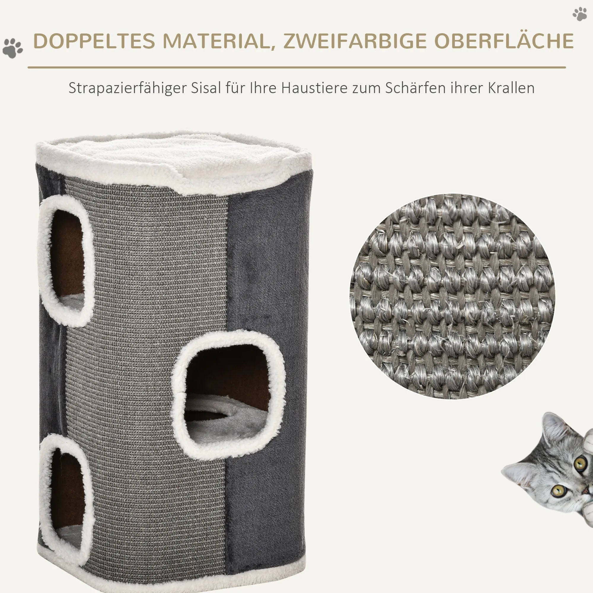 Kratztonne für Katzen Katzenkratzbaum 3 Ebenen Katzenbaum Kletterbaum für Katzen Katzenmöbel Spanplatte samtartem Polyester Sisal Grau+Weiß 40 x 40 x 74 cm