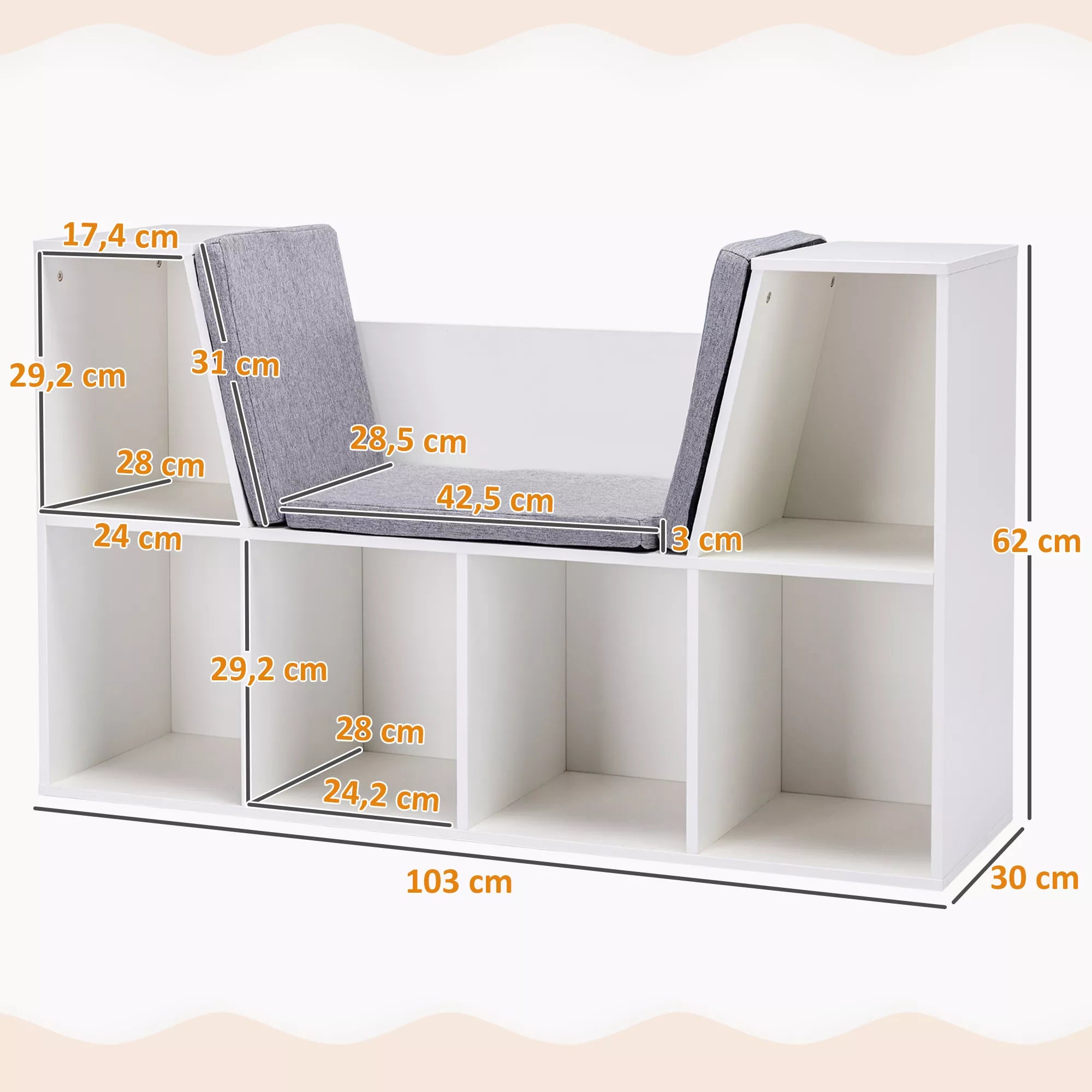 2-in-1 vaikų lentynos lentynos + suoliukas su pagalvėlėmis 103 cm × 30 cm × 62 cm Balta + Pilka