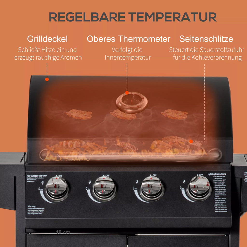 Dujinis grilis BBQ su 3 degikliais, kiekvienas po 3 kW Mobilus grilio vežimėlis su 4 ratais Grilio tinklelis Šoniniai stalai Slėgio mažintuvas Žarnos Spintelė Daugiafunkcinis Metalo Juodas 132,4 cm x 55 cm x 109 cm