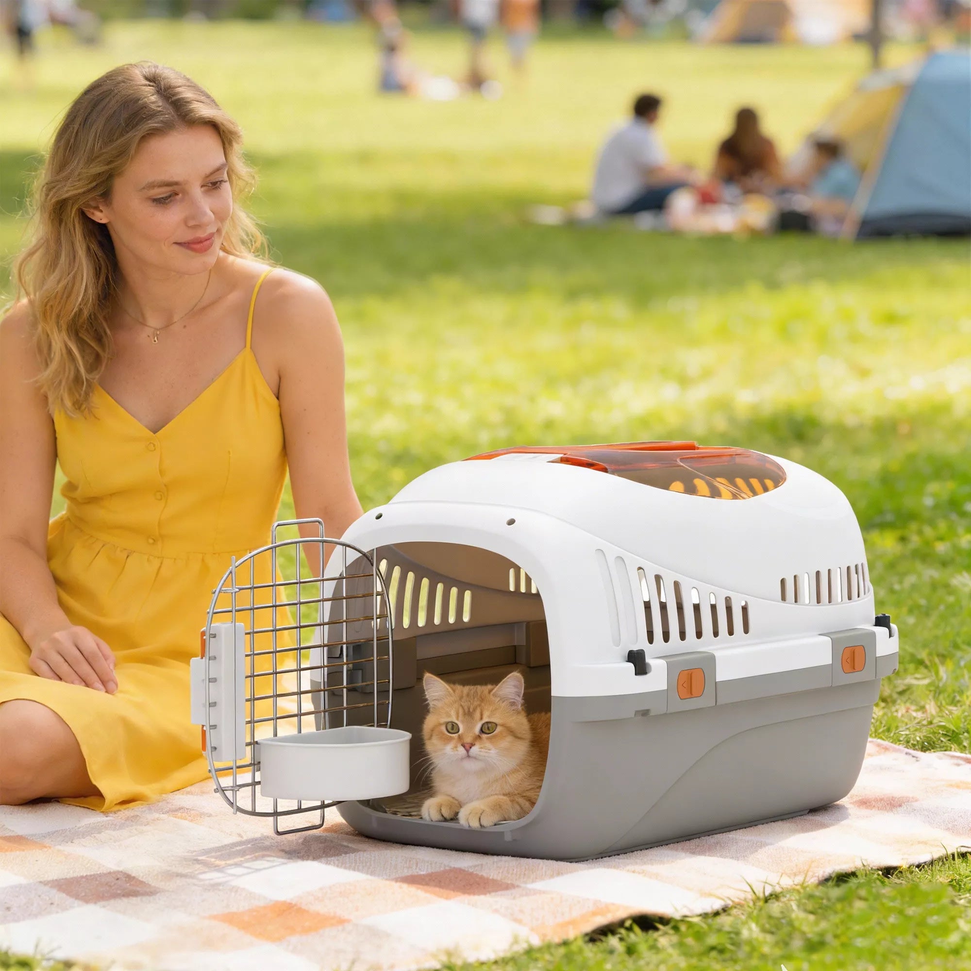 Transportavimo dėžė Šunų ir kačių transportavimo dėžė, skirta mažiesiems šunims iki 4 kg, su atverčiamu stogu ir maisto dubenėliu, 49x32x31 cm, šviesiai pilkos spalvos