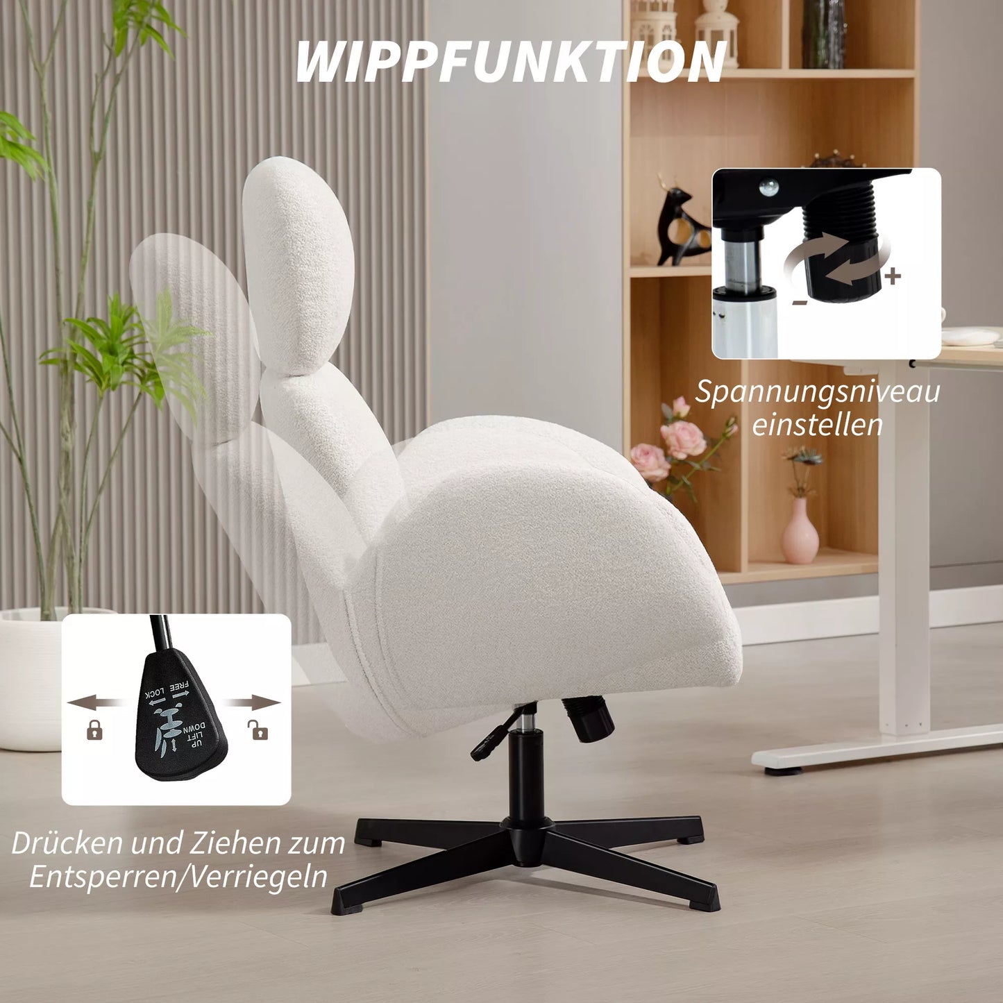 Biuro kėdė su aksominės išvaizdos audinio apmušalu, paminkštinta kėdė su plieniniu pagrindu, aukščio reguliavimo rašomojo stalo kėdė, kreminės baltos spalvos