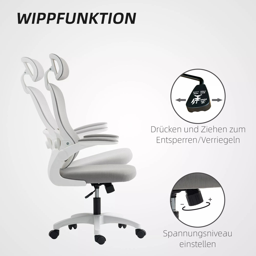 Ergonomiška biuro kėdė su tinklinės medžiagos atlošu, reguliuojamo aukščio, sulankstomais porankiais, 5 ratukais, sūpynės funkcija, pilkos spalvos