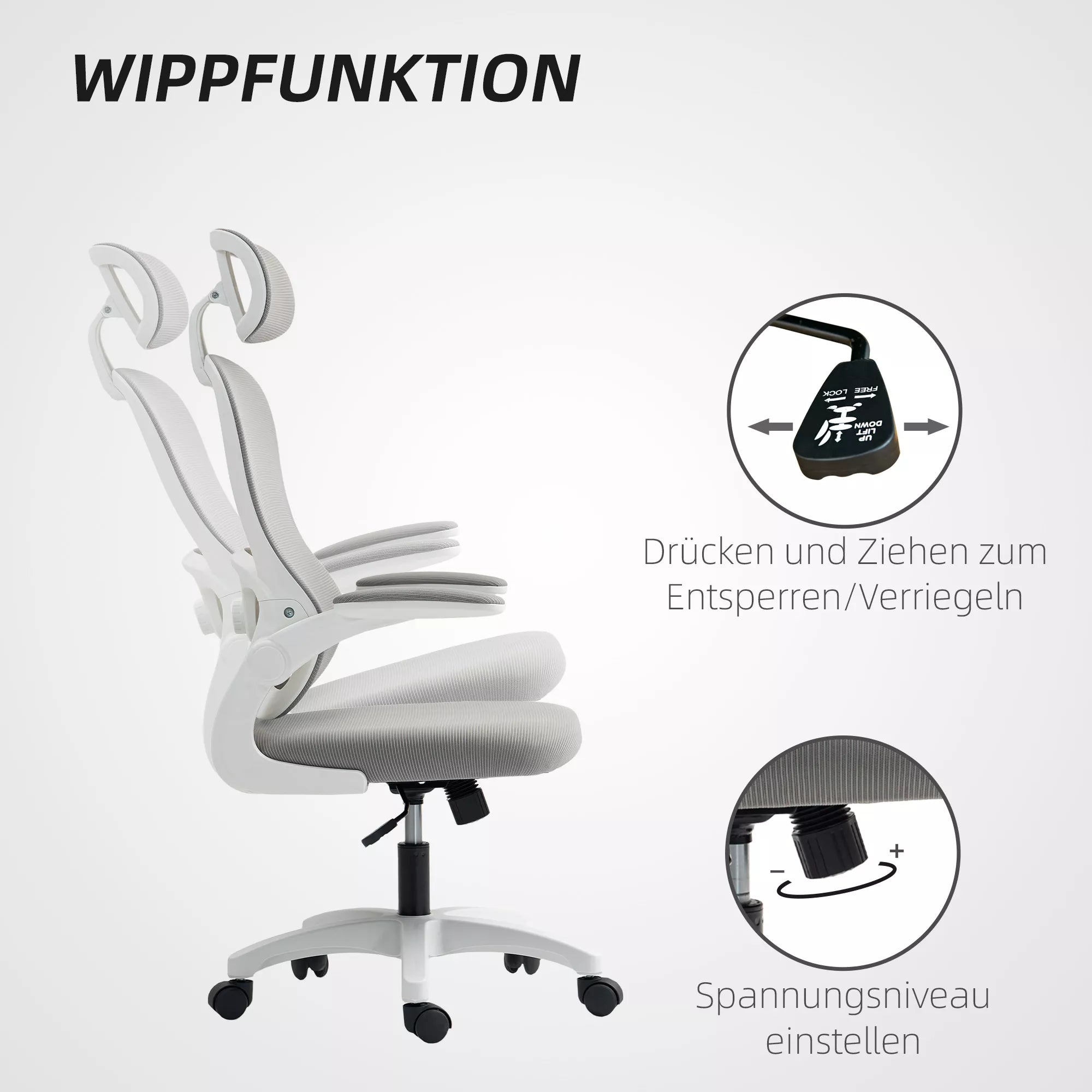 Ergonomiška biuro kėdė su tinklinės medžiagos atlošu, reguliuojamo aukščio, sulankstomais porankiais, 5 ratukais, sūpynės funkcija, pilkos spalvos