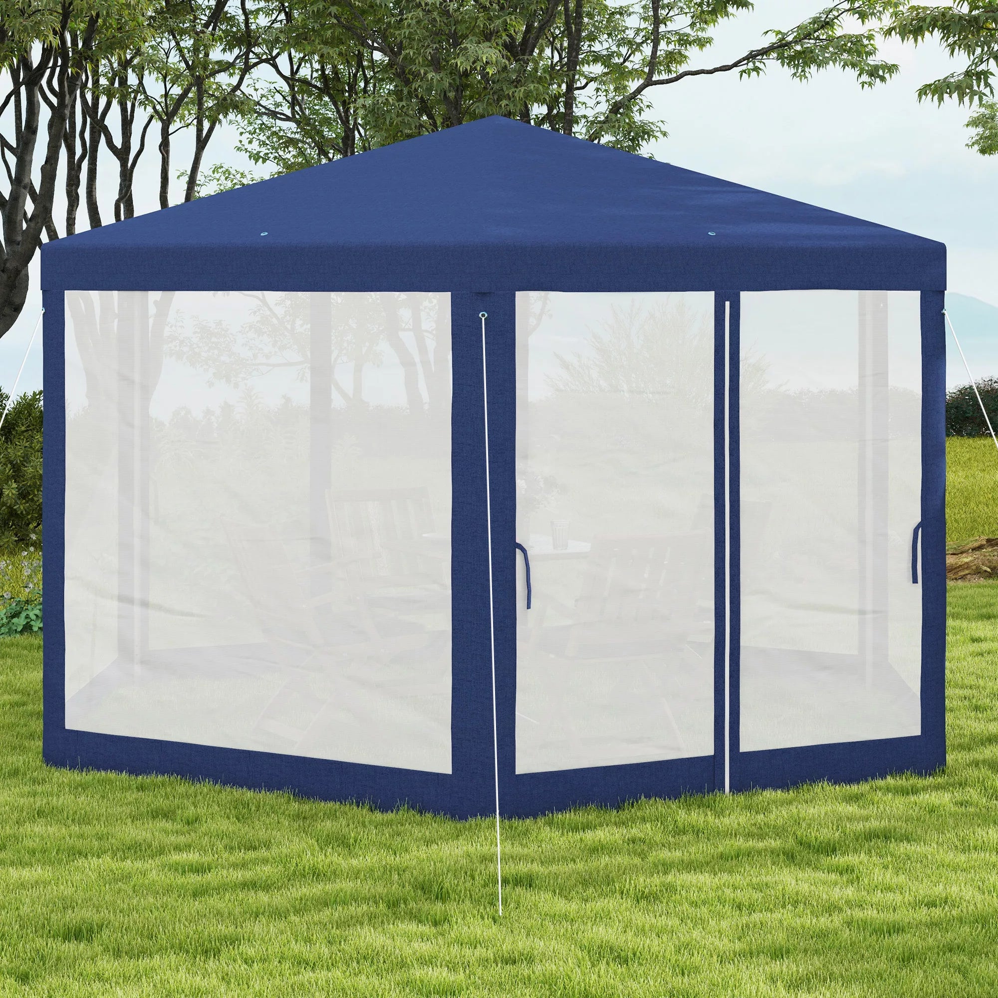 Sodo paviljonas, šešiakampis, tinklinės užuolaidos, metalinis rėmas, 3,94 x 3,412 x 2,5 m, mėlynas