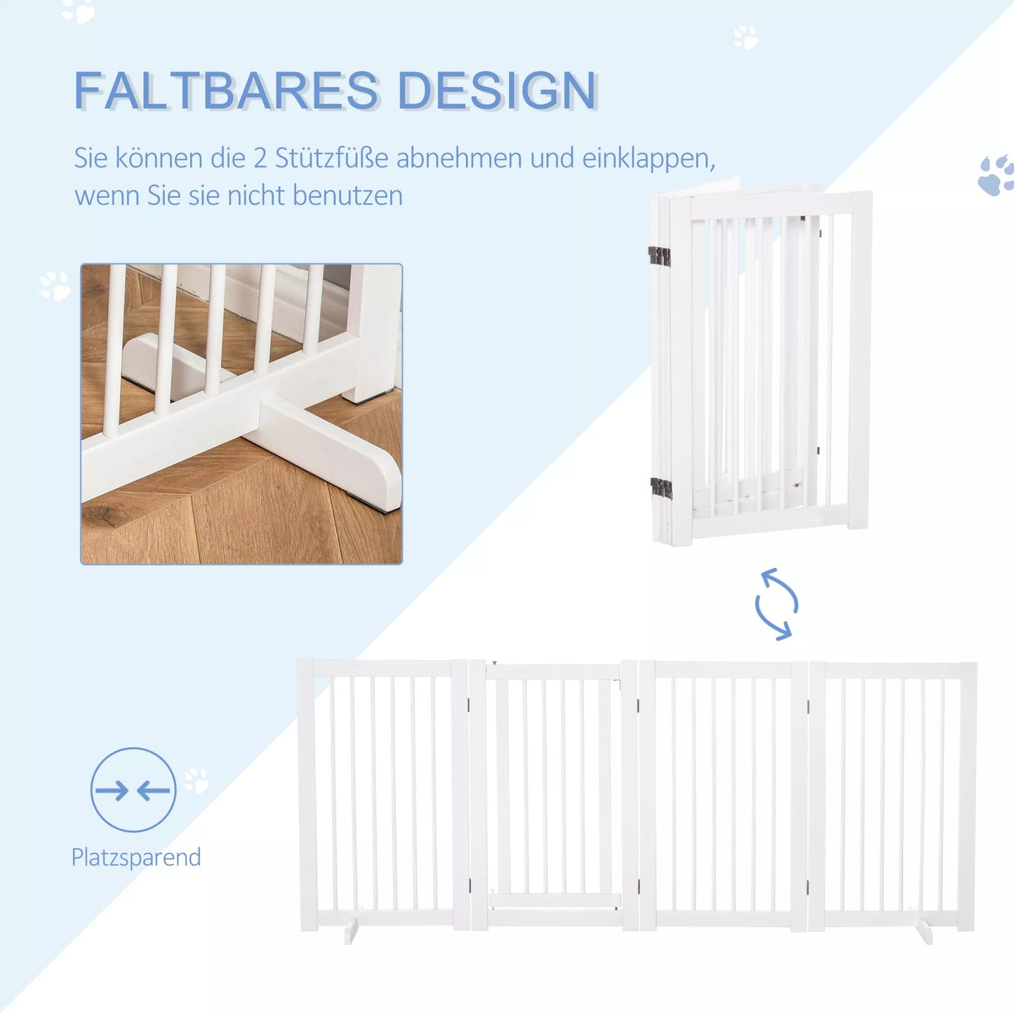 Apsauginiai varteliai šuniui, 4 dalių, 220 x 91 cm, sulankstomi, apsauginiai varteliai su durelėmis, laisvai pastatomi šunų varteliai su 2 atraminėmis kojelėmis, mediniai laiptų varteliai koridoriui, virtuvei, laiptams, balti