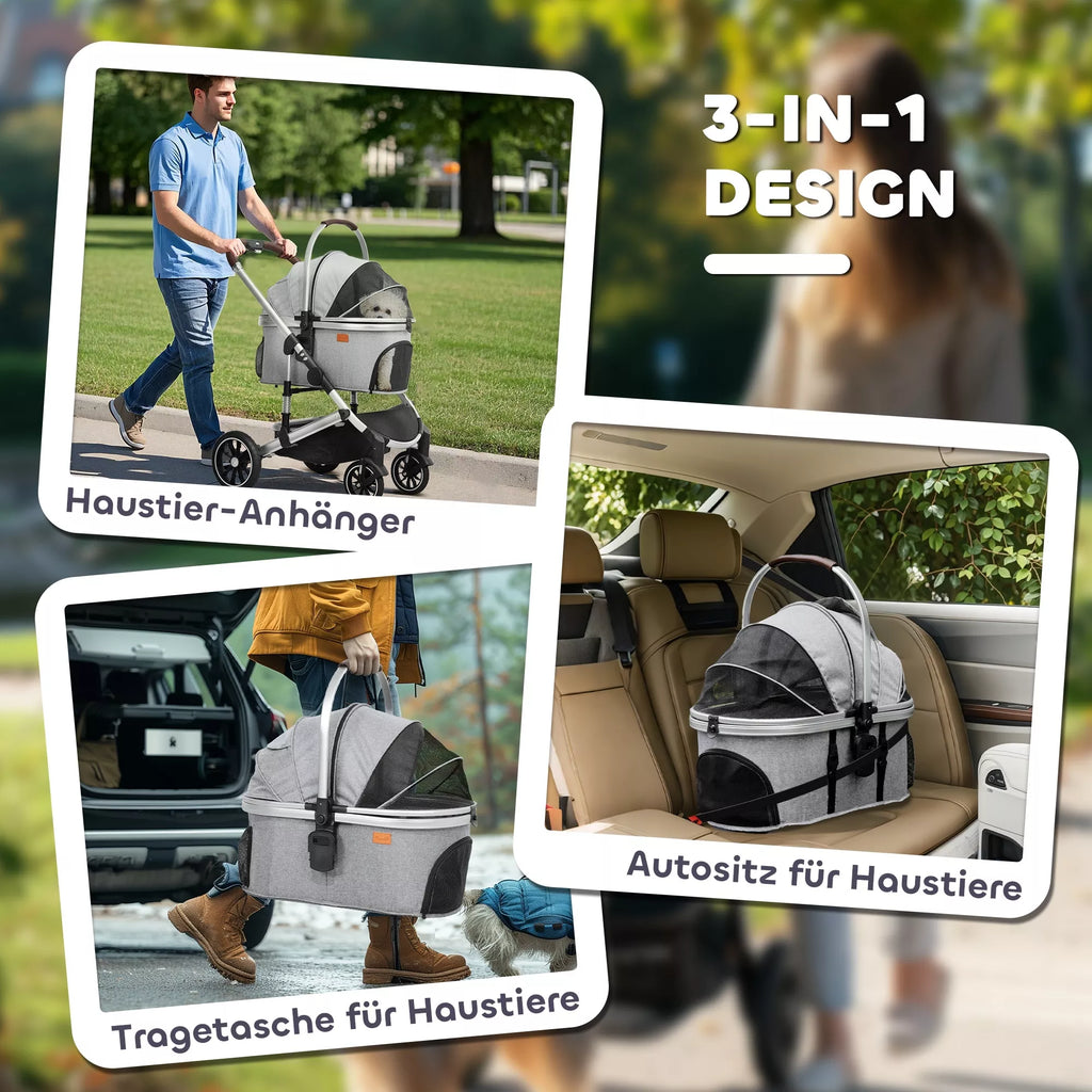 3-in-1 Šunų vežimėlis, sulankstomas katėms iki 10 kg, katelių vežimėlis su pagalvėle ir puodelio laikikliu, šviesiai pilkas